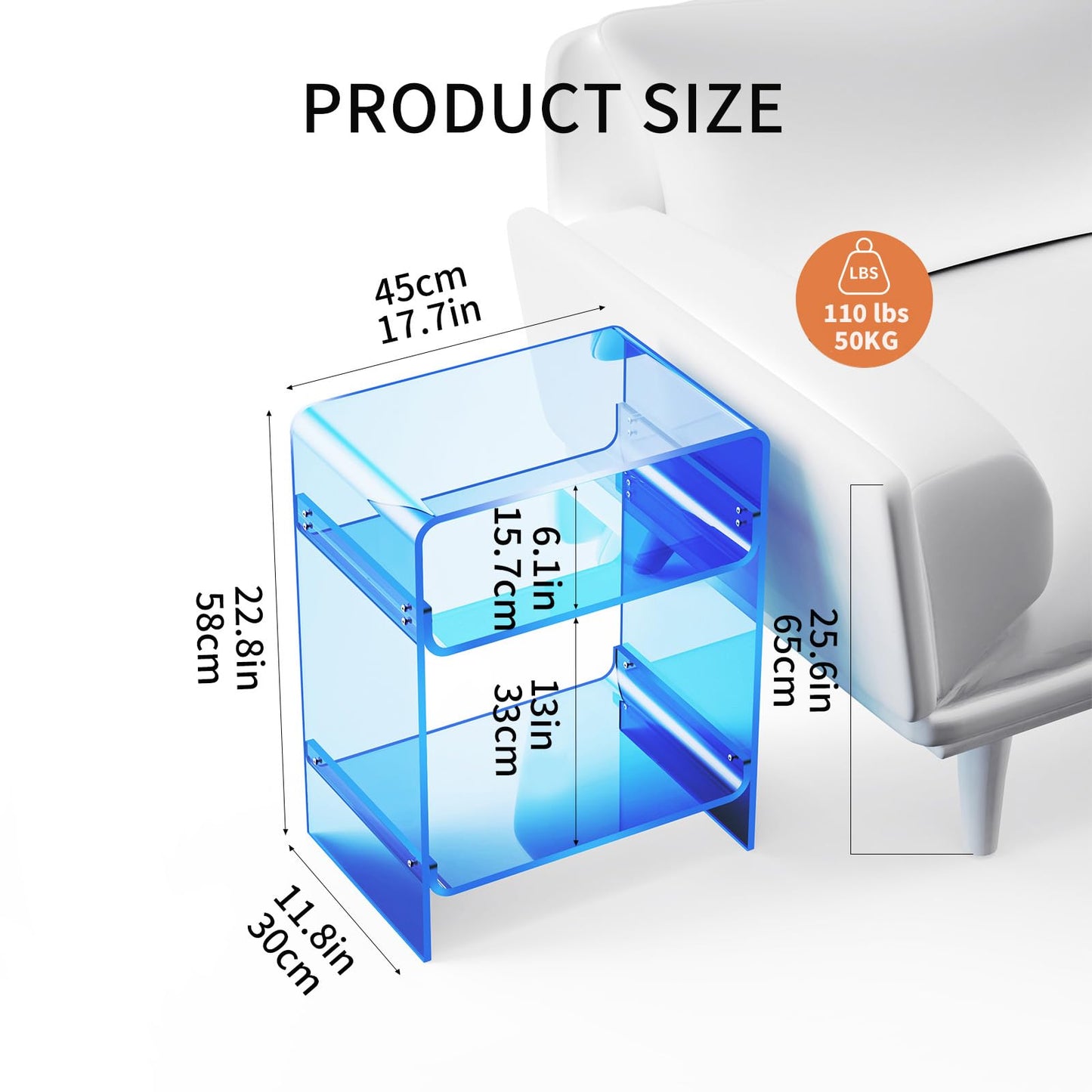 Dewrhiixe Acrylic Record Player Table with Storage Shelf, Clear Side Table, Nightstand (Blue, 45×30×58 cm, Acrylic)