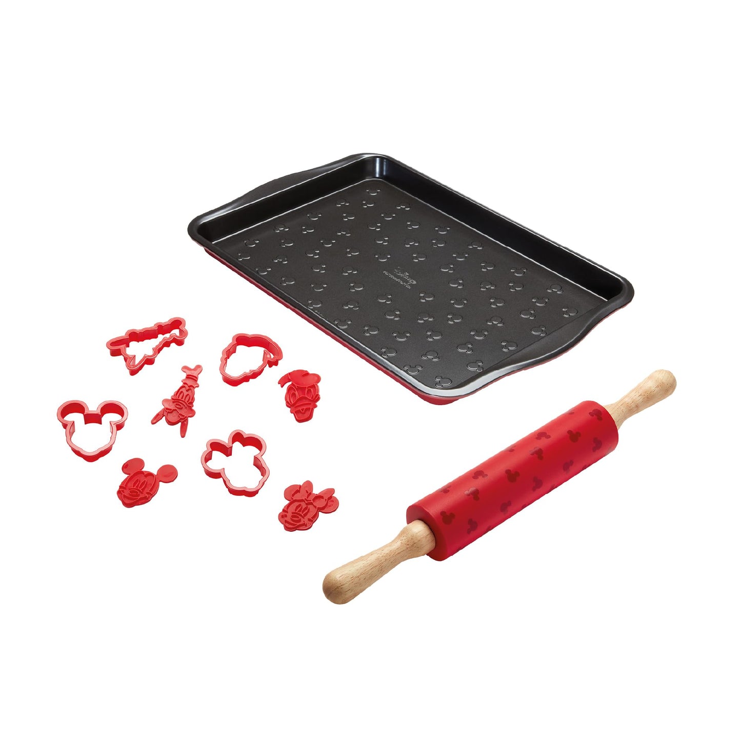 Prestige New Disney Bake with Mickey Mouse Bakeware Set with Non Stick Oven Tray 10" x 15", Cookie Cutter Set of 4 and Silicone Rolling Pin 45cm, Red"