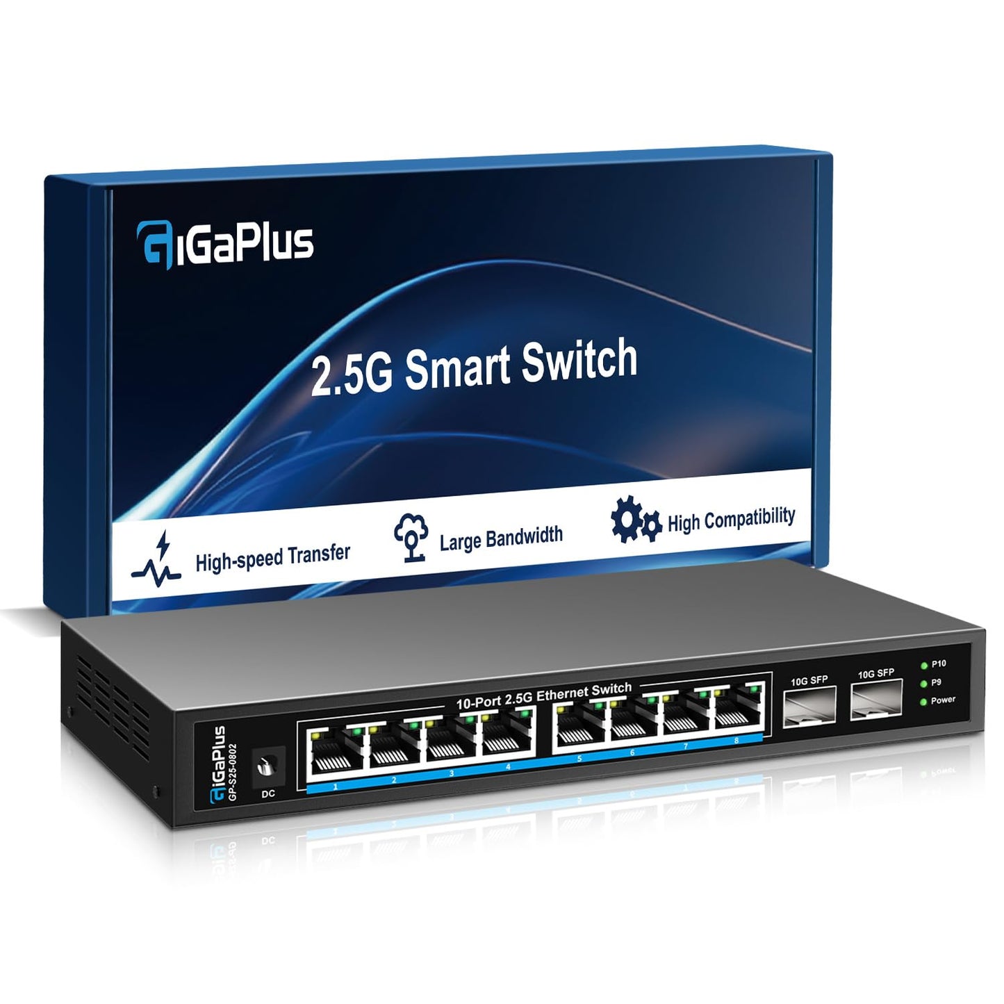 10 Port 2.5Gb Unmanaged Ethernet Switch with 8* 2.5G Base-T Ports, 2* 10G SFP+ Ports. GiGaPlus 2.5Gbps Network Switch for 2.5Gbps NAS/PC, WiFi6