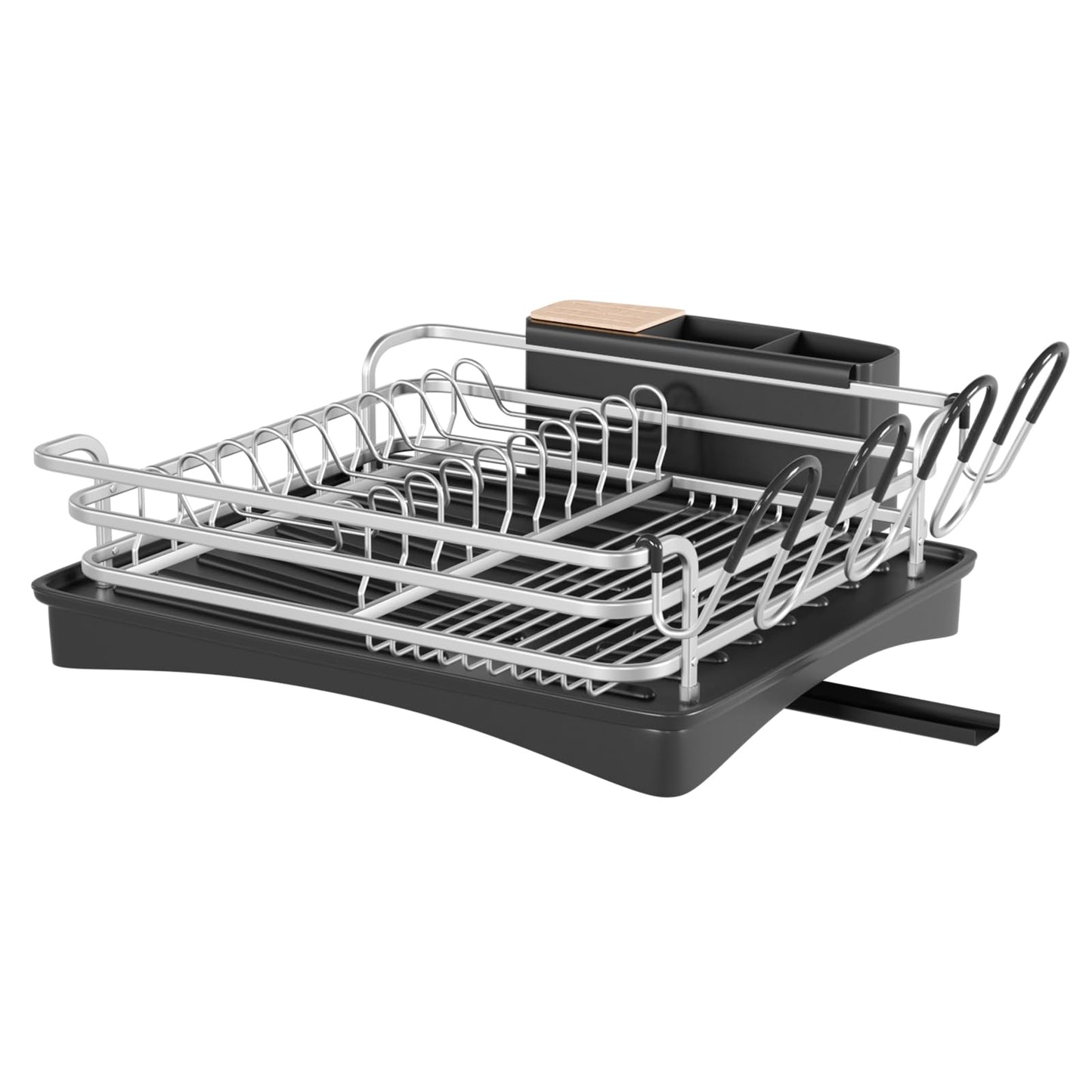 BRIAN & DANY Aluminum Dish Drying Rack, Dish Drainer with Removable Cutlery Holder & Cup Holder, Unique 360 Swivel Spout Drain Board, Silver, 41.9x