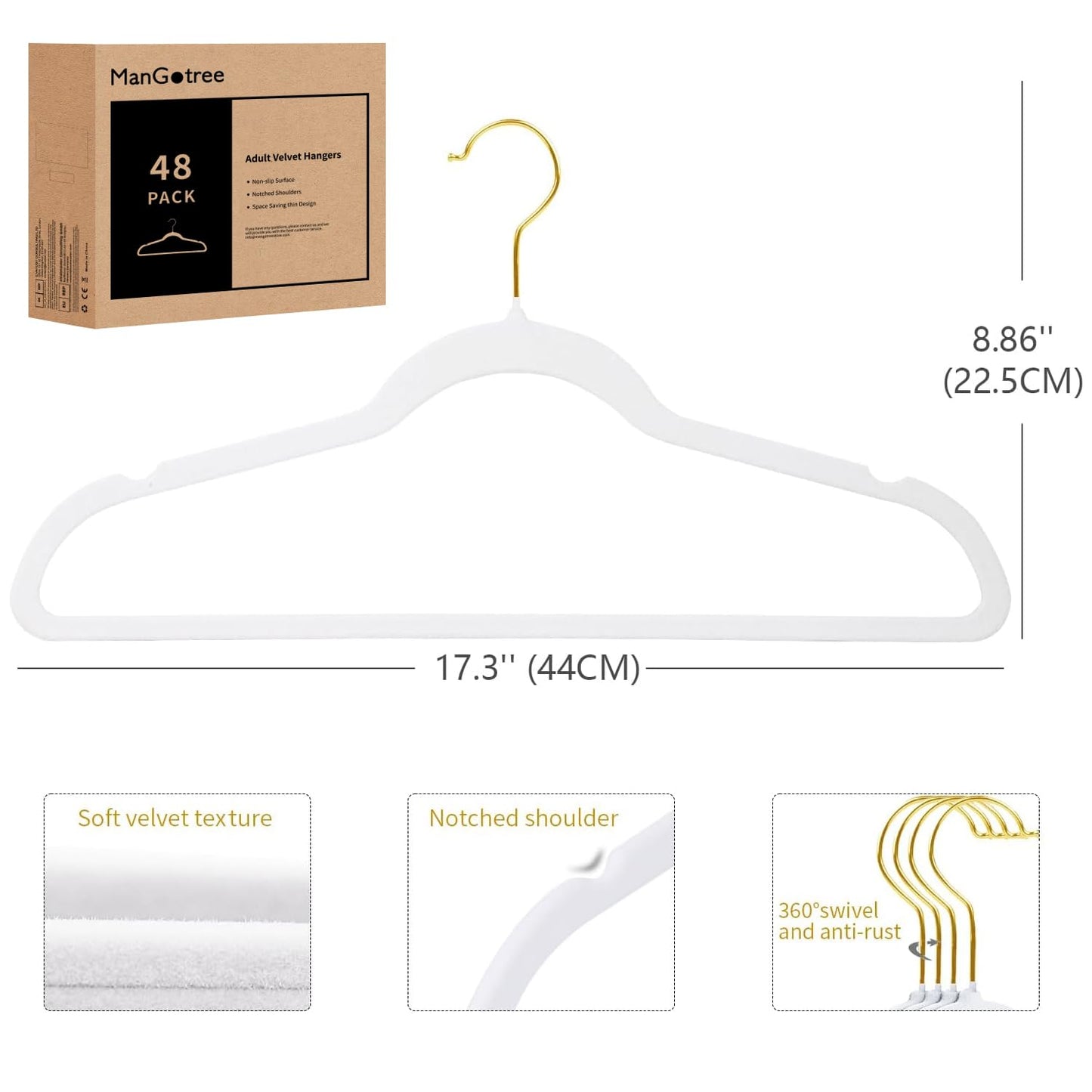 ManGotree Velvet Coat Hangers with 360° Swivel Gold Hook 48 Pack White