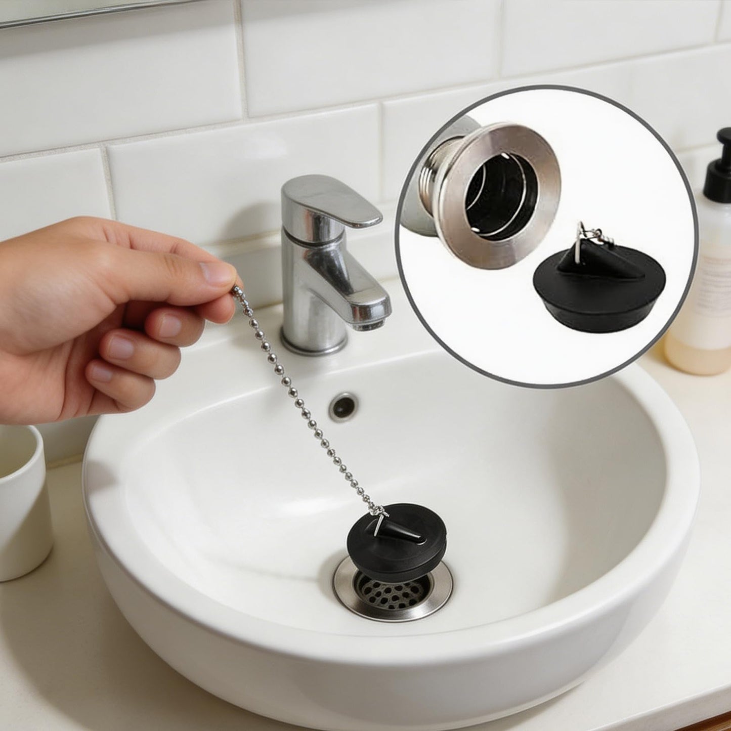 3 PCS Universal Bath Plug and Chain, 4cm/ 1.57in Bath Plug with 40cm/ 15.75in Chain, Black and Sturdy Rubber Sink Plugs
