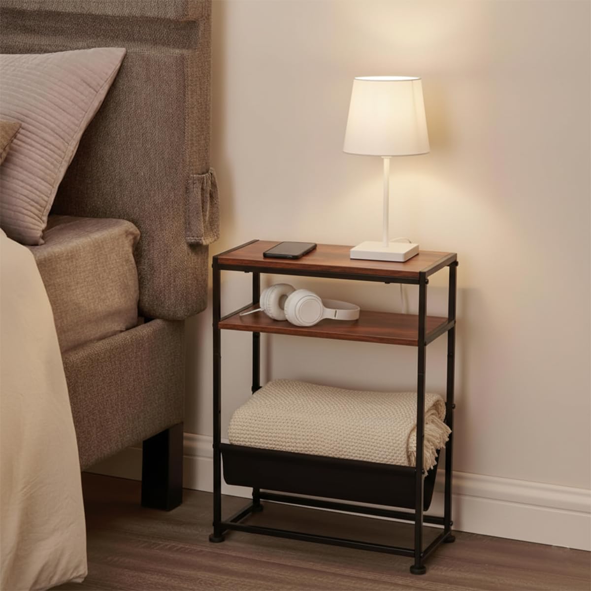 ZEXVIDA Small End Table for Small Spaces - Slim Side Table with Magazine Holder,2 in 1 Design Narrow End Table Living Room,Skinny Bedroom Nightstand