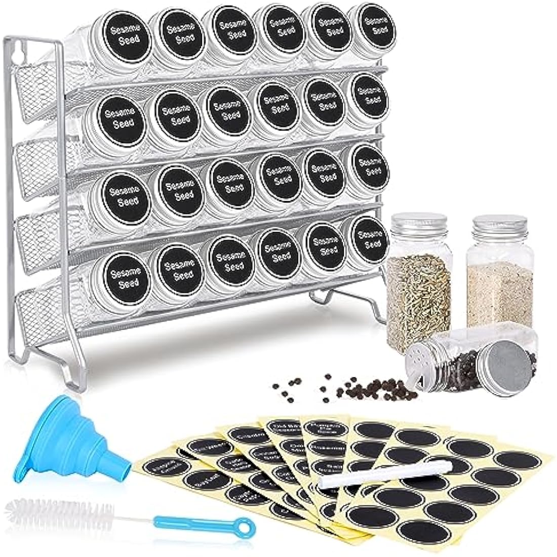 Mutool 4 Tier Spice rack Free standing Metal Kitchen Shelf,Plastic Spice Bottle Jars Storage Tidy Condiment holder for Countertop Cabinet, with 24 Spice jars,80 labels,1 pen,1 funnel(Silver grey)