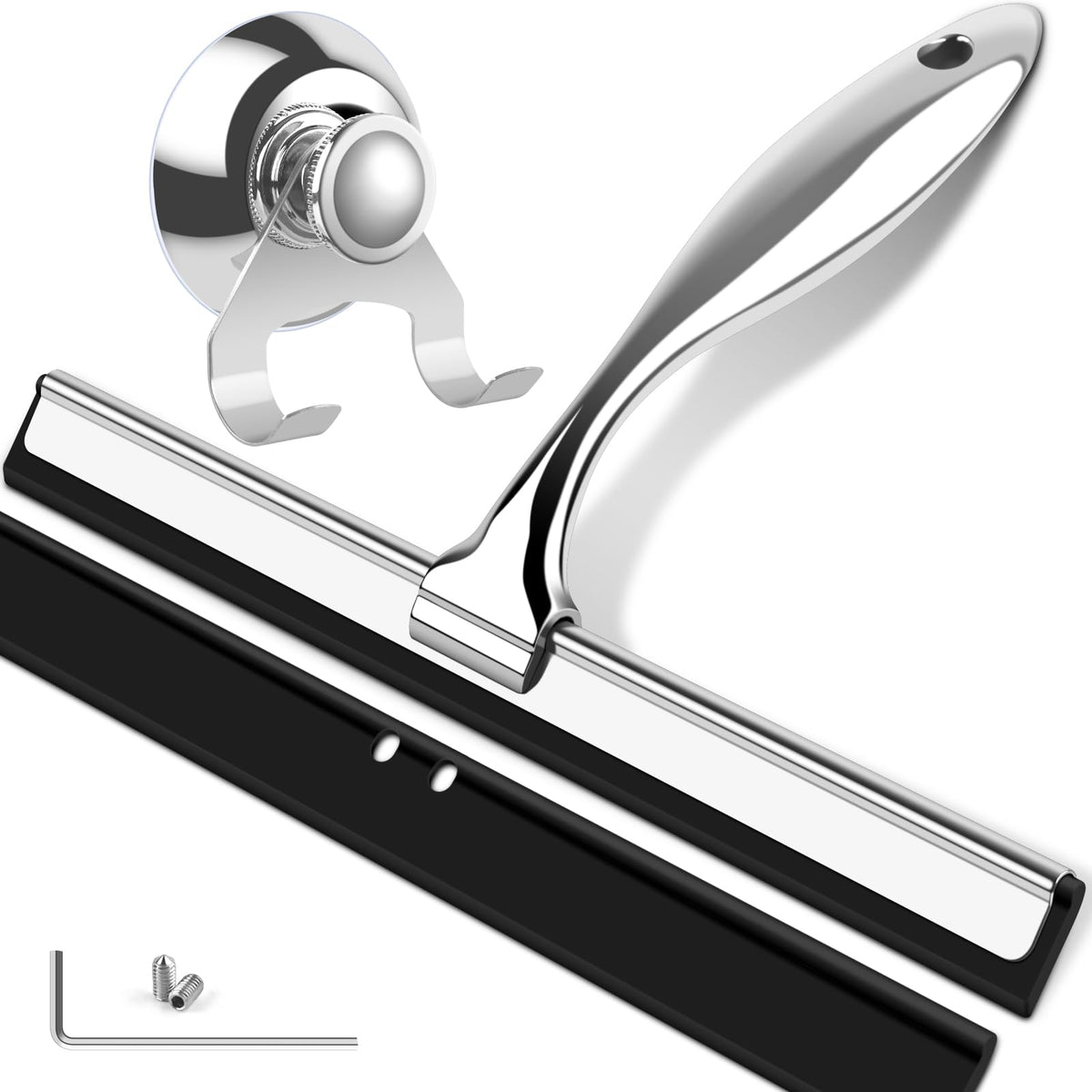 BROTOU 10 Inch Multipurpose Shower Squeegee, with Suction Cup Hook, Extra Silicone Blade, Stainless Steel Squeegee for Shower Doors, Bathroom, Window