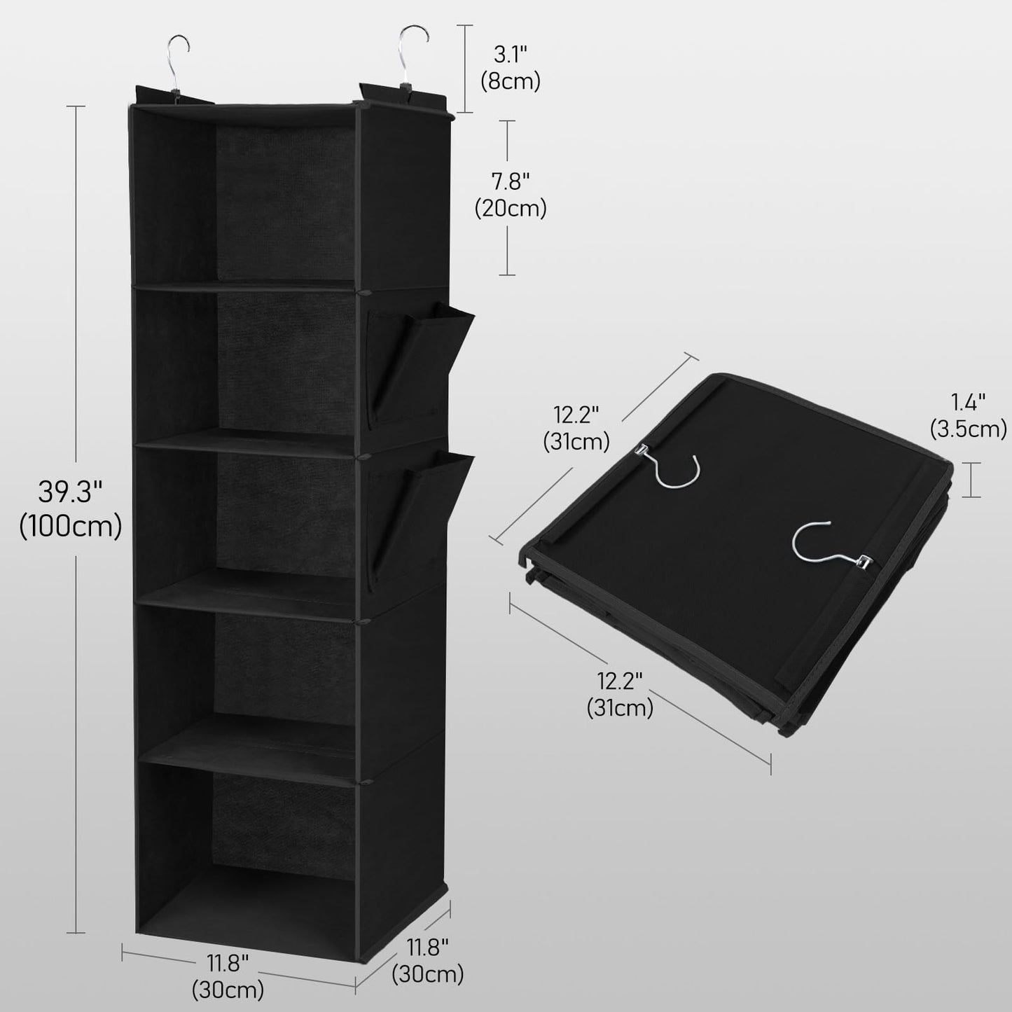 DPWEION Hanging Storage Shelves with 5 Shelves Foldable Hanging Wardrobe Closet Organiser Unit with 2 Side Pockets for Clothes Accessories for