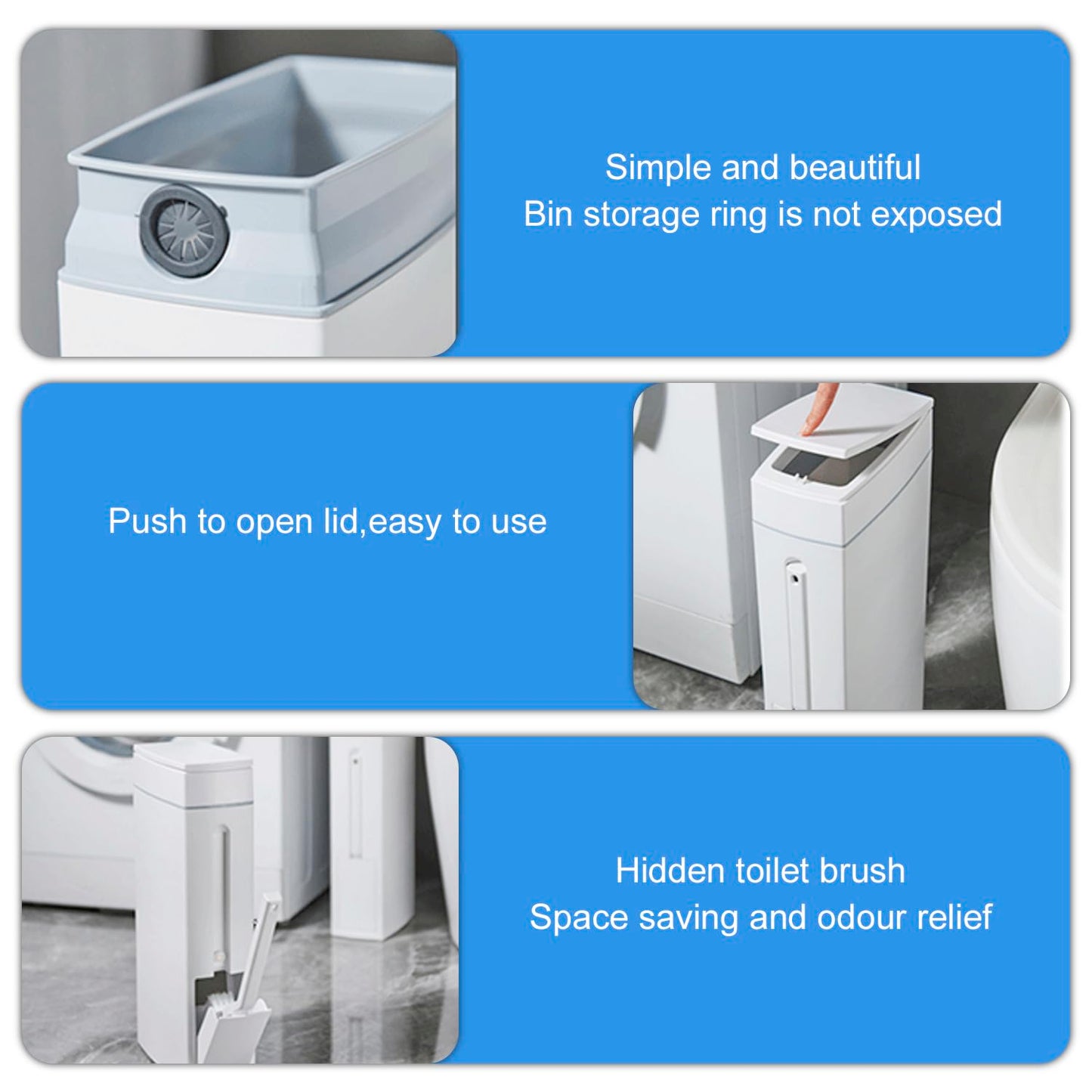 HIKENRI 4.5L Bathroom Bin with Lid, White Plastic Bin with Toilet Brush, Rectangular, Smooth Finish, 1 Count