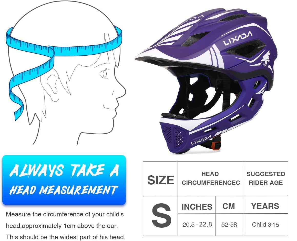 Lixada Kids Full Face Helmet Detachable Child Boys Girls Bike Helmet Protective Gear for Cycling Skateboarding Roller Skating Cycle Helmet 52-58cm