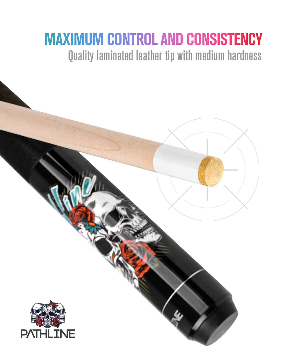 Pathline PL518 Pool Cue Stick - 58" Canadian Maple 13mm Tip Billiard Pool Stick(Black/Skull - 18oz)