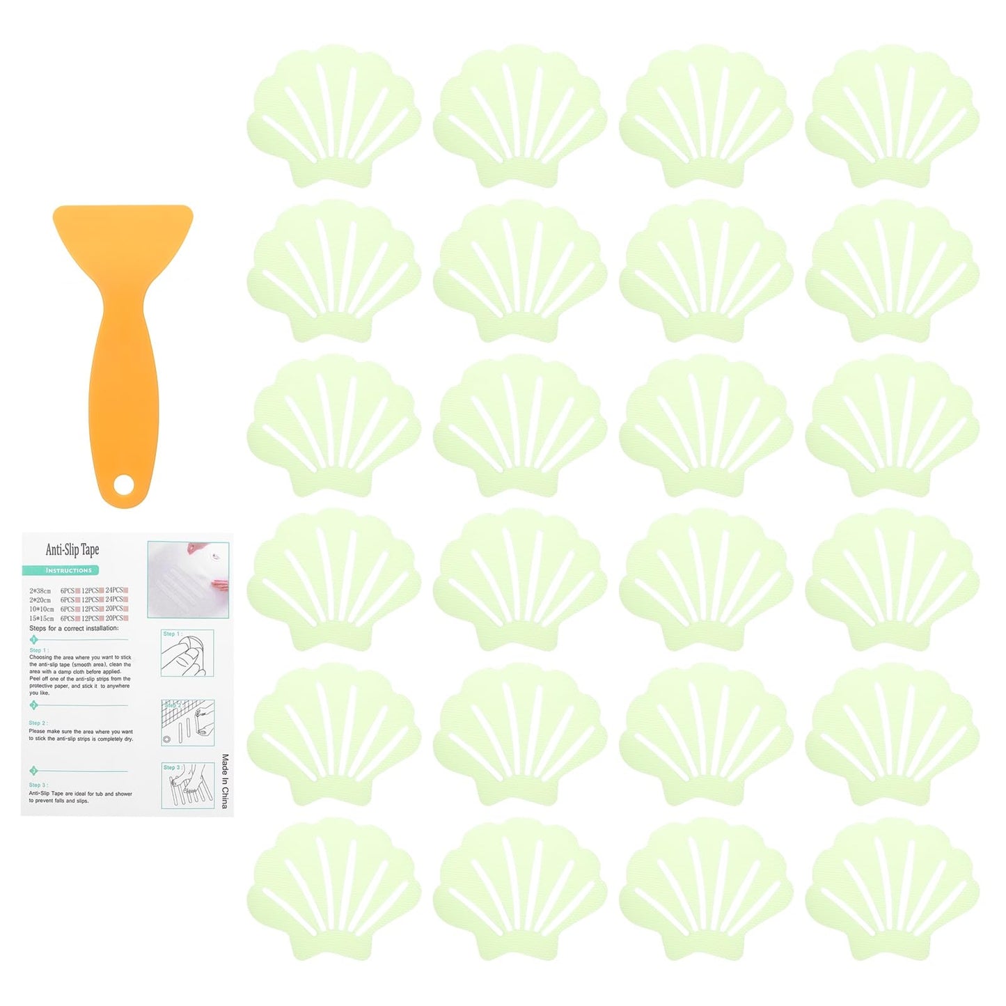sourcing map 24Pcs Non-Slip Bathtub Stickers, 9x7 cm Shell Shape Shower Floor Non Slip Stickers with Scraper for Bathroom Shower Stairs Ladders,
