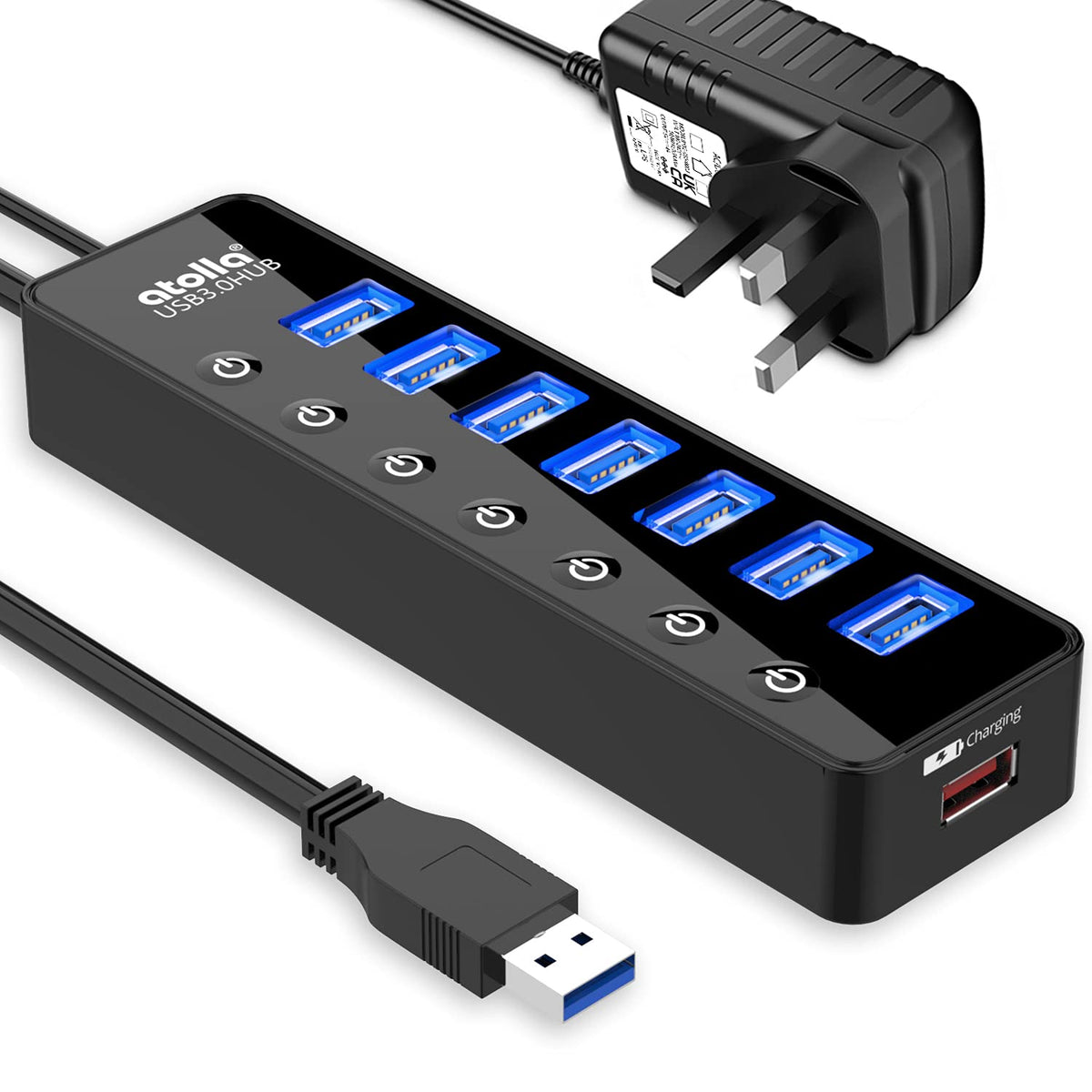 atolla Powered USB 3.0 Hub 20W, 7 Multi USB Data Ports Hub splitter with Individual On/Off Switches+1 Smart Charging port with 5V/4A Power Adapter