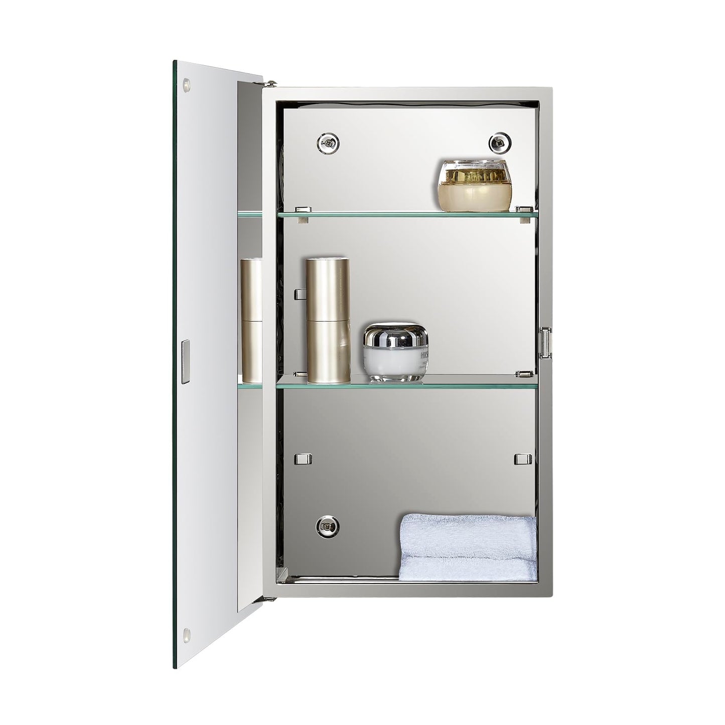 Fundin Bathroom Mirror Cabinet with Single Door, Adjustable Tempered Glass Shelves, Surface Mounted, 30cm W x 50cm H, Mirrored Finish