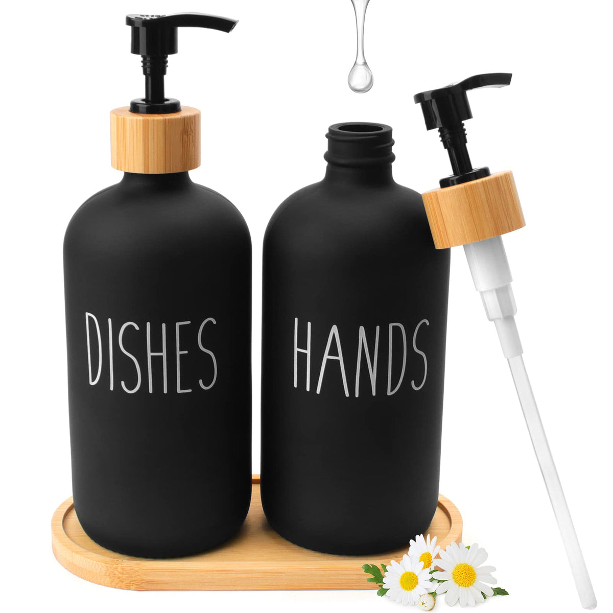 2 Pack Hand and Dish Soap Dispenser Set, 500ML Glass Dish Soap Dispenser Refillable Hand Lotion Bottle with Bamboo Pump and Soap Tray, Black Lotion