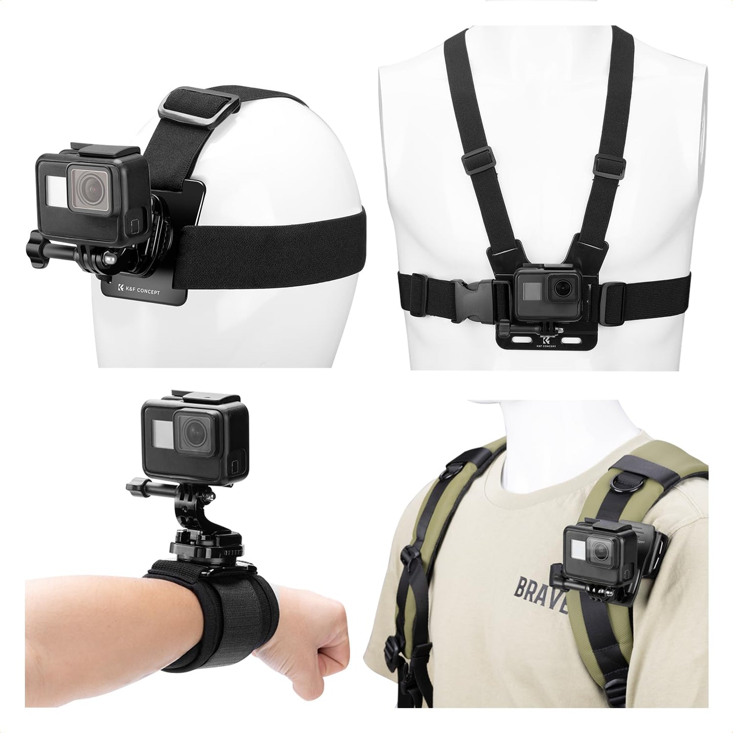 K&F CONCEPT 4-in-1 Adjustable Chest Strap, Head mount, 360? Rotating Wrist Band, Backpack Clip, with Phone Holder, Quick Release Compatible with Gopro