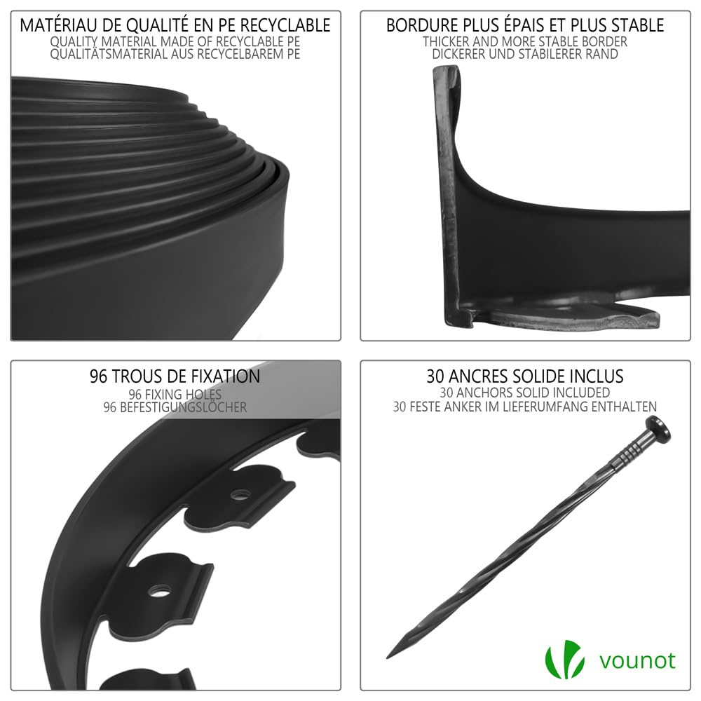 VOUNOT 20m Flexible Lawn Edging, Plastic Garden Edging Border with 60 Strong Securing Pegs, Height 5cm, Black