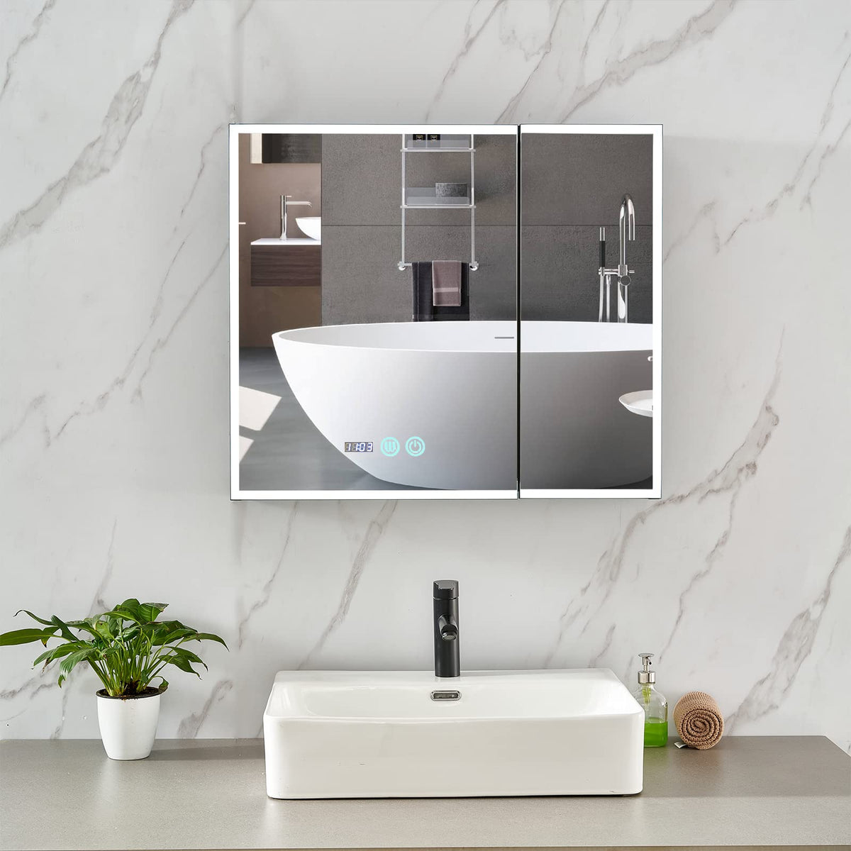 Plumbsys LED Bathroom Mirror Cabinet Black 2 Door With Anti-Fog Demister Pad, Time and temperature display Illuminated Light, HD mirror, 750 x 650mm