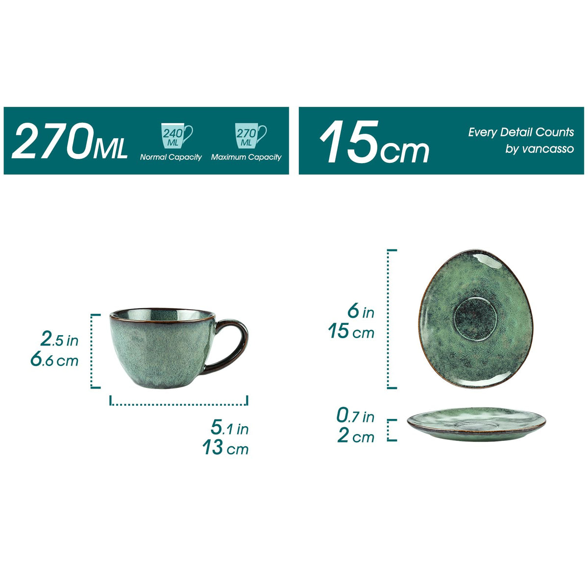 vancasso Starry Cup and Saucer Set, Ceramic Coffee Cup Set for 4 People, 270 ml Afternoon Tea Cup Set, Espresso Cup, Cappuccino Cup, Suitable for All