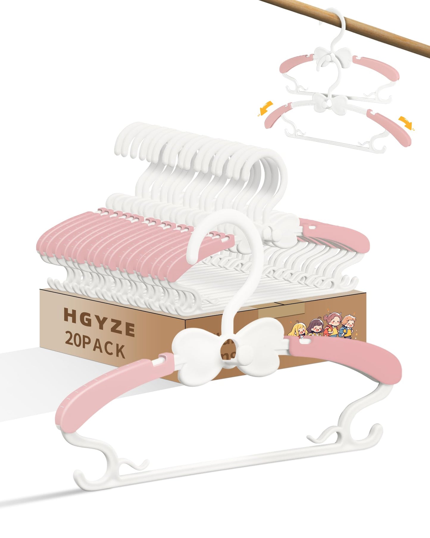 Baby Hangers 20 Pack, Adjustable Kids Hangers with Stackable Hooks Pink