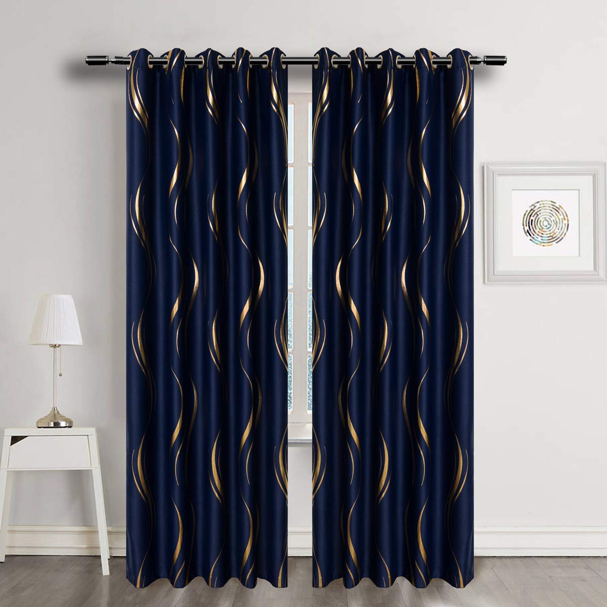 MYRU 2 Panels Set Luxury Striped Blackout Curtains for Bedroom Living Room (Navy and Gold, 2 x 66x84 Inch)