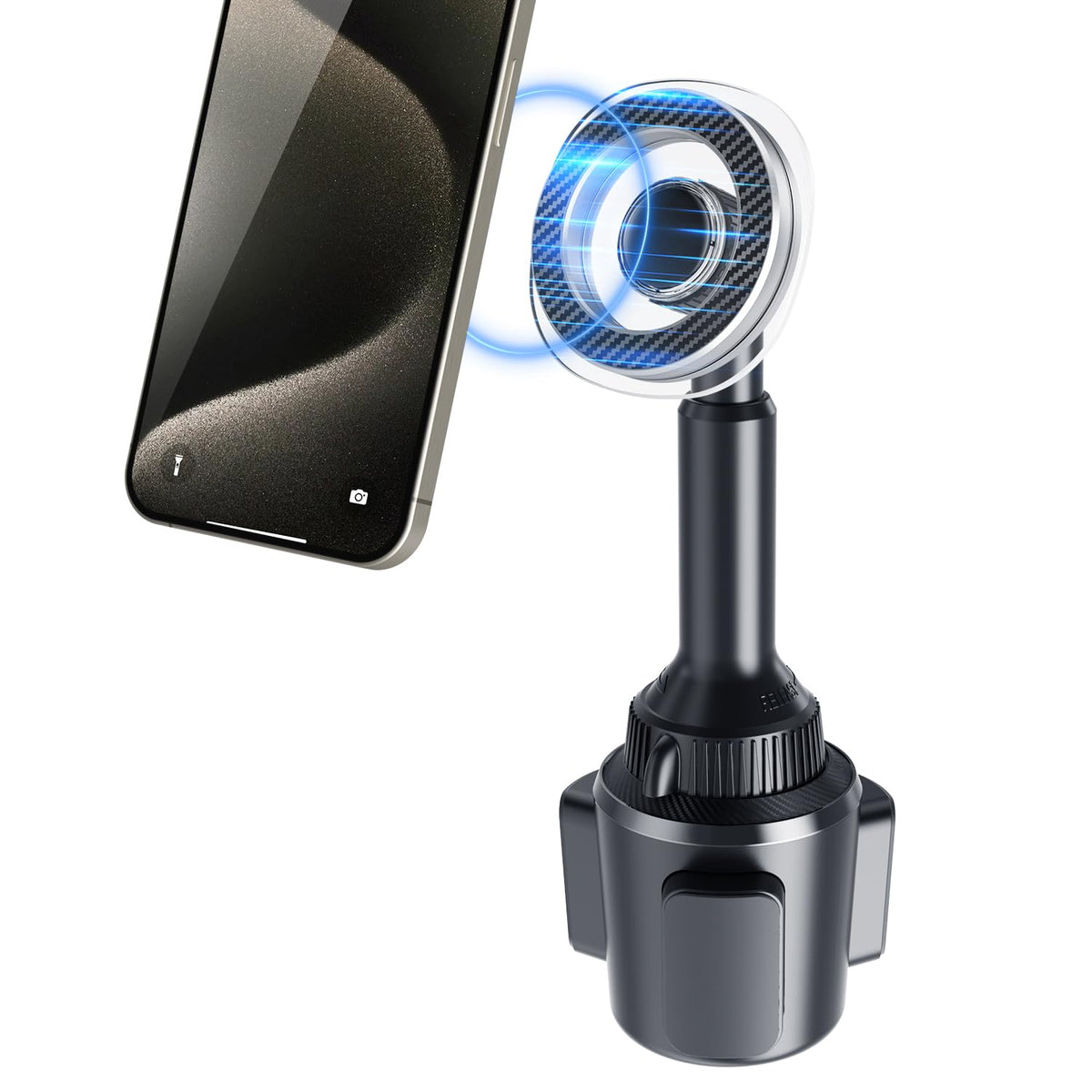 OQTIQ Phone Cup Holder for Car Mount Compatible with MagSafe, Quick Extension Long Arm and 360? Rotation, Fits 3"-4" Cup Holders - Stable & Secure for