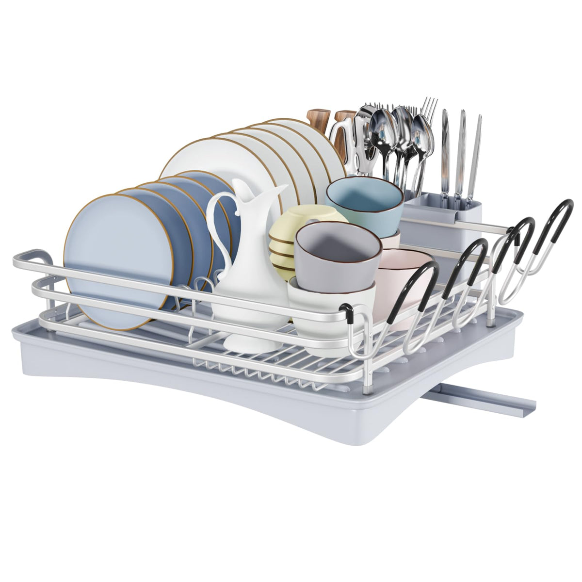 BRIAN & DANY Aluminum Dish Drying Rack, Dish Drainer with Removable Cutlery Holder & Cup Holder, Unique 360 Swivel Spout Drain Board, Grey
