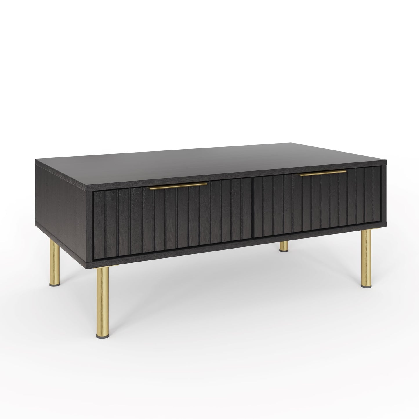 GFW Nervata Coffee Table, Black Coffee Table with 2 Drawers, Art Deco Style Living Room Table with Gold Accents and Wood Grain Texture