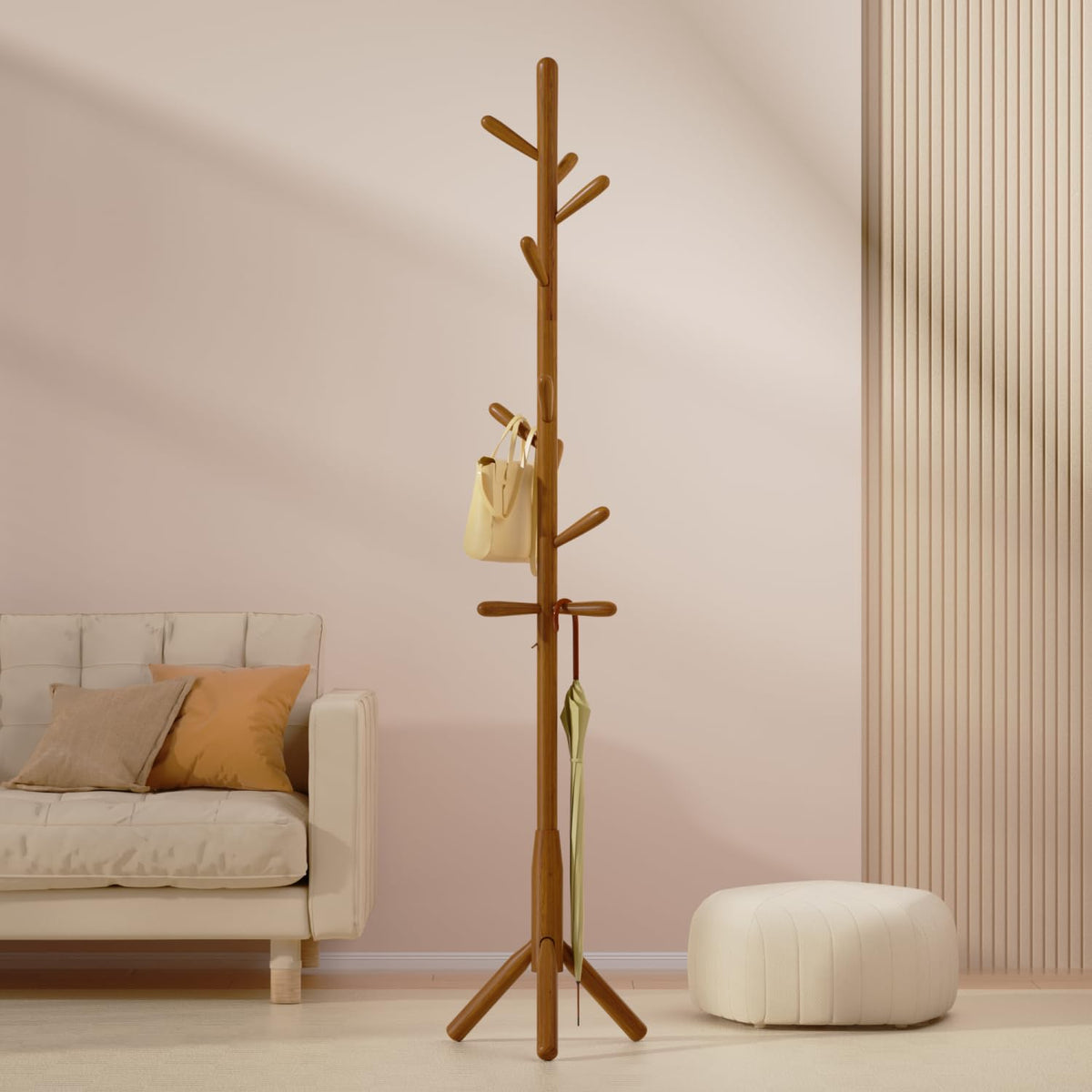 Awatiwa Solid Wood Coat Rack, Freestanding Tree-Shaped Coat Rack with 11 Hooks, Main Pole 1.6" dia for Clothes