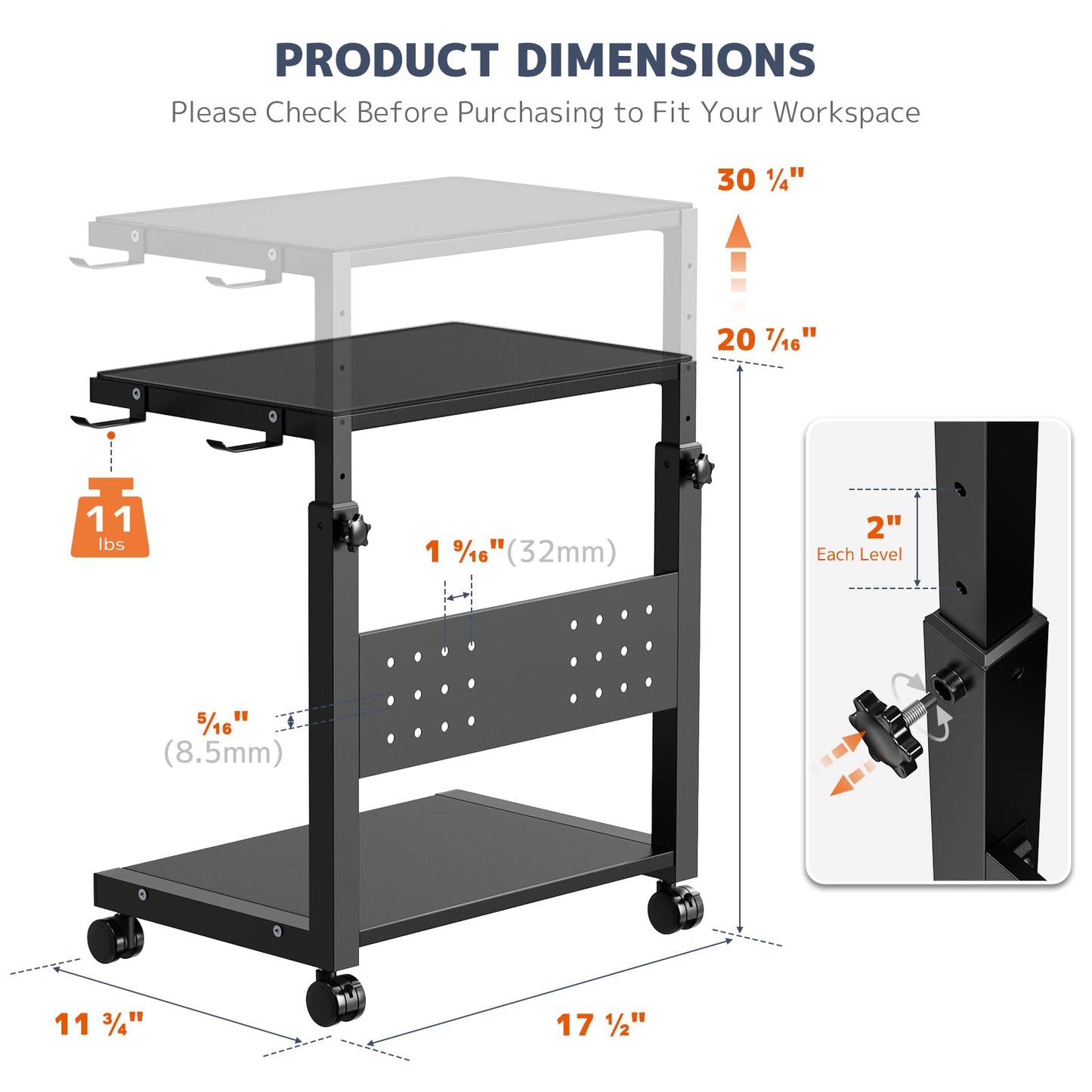 PUTORSEN Computer Tower Stand Cart - 2-Tier pc tower stand with 4 Casters, Rolling Holder with Pegboard & 2 Hooks, Height Adjustable from 52 to 77cm