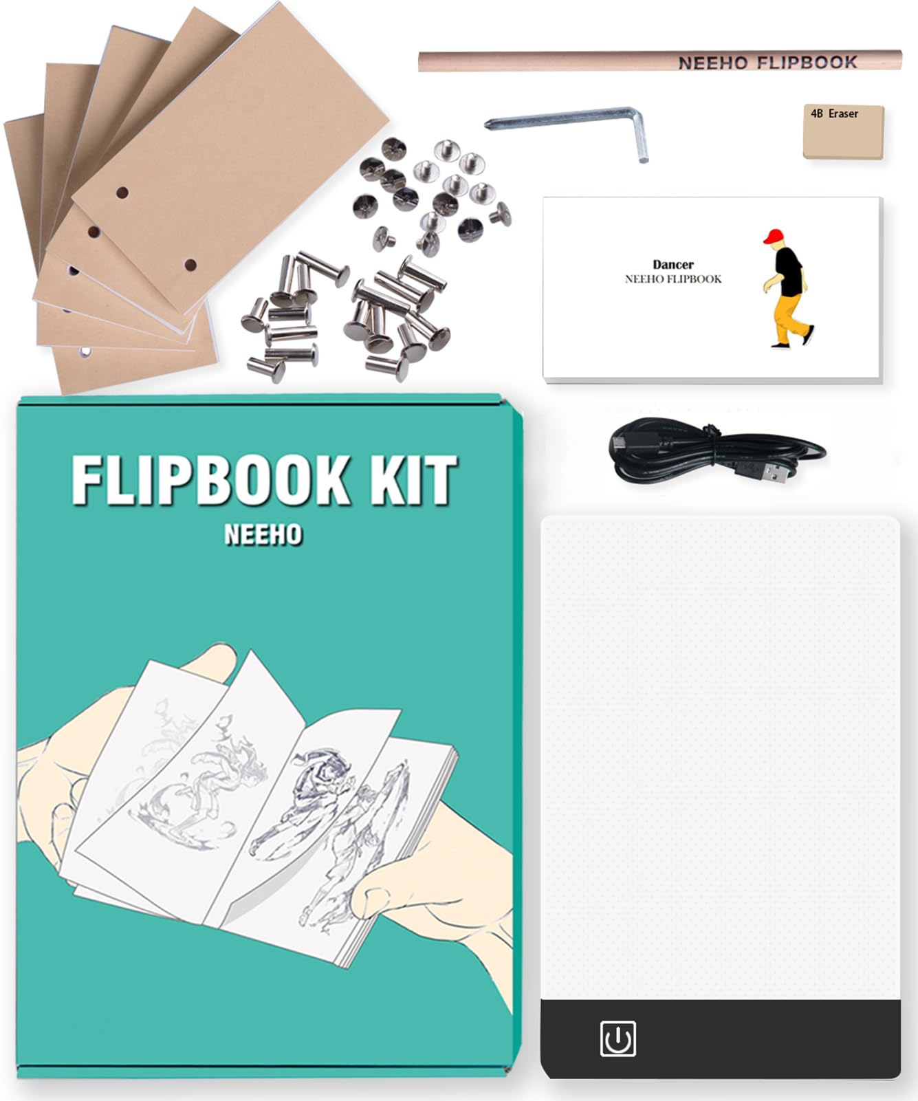 Flip Book Kit, Neeho Flipbook Kit with Light Pad for Drawing and Tracing with 300 Sheets Premium Pre-drilled Flipbook Paper, LED Lightbox for Making
