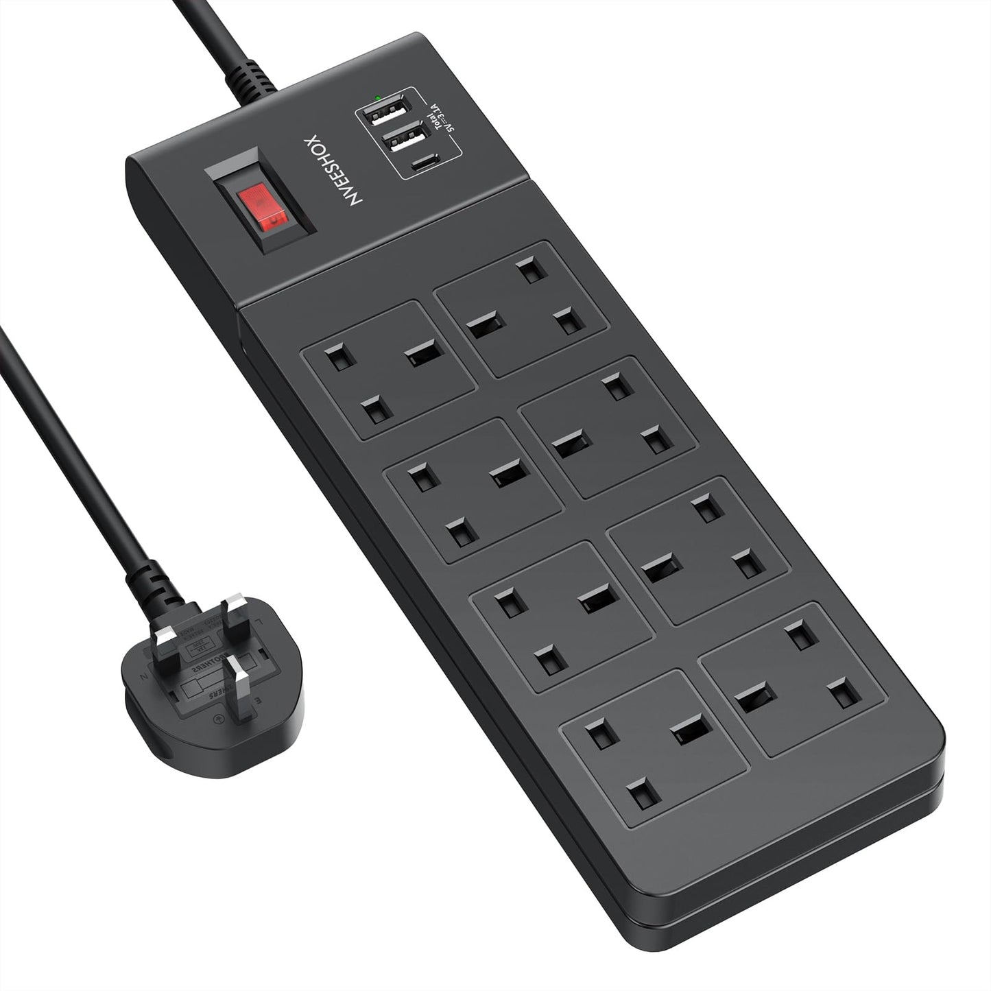 NVEESHOX Black Extension Lead [13A 3250W], 8 Way Outlets Power Strip with 3 USB Ports, 2M Surge Protected Extension Lead with USB Slots, Multi Plug