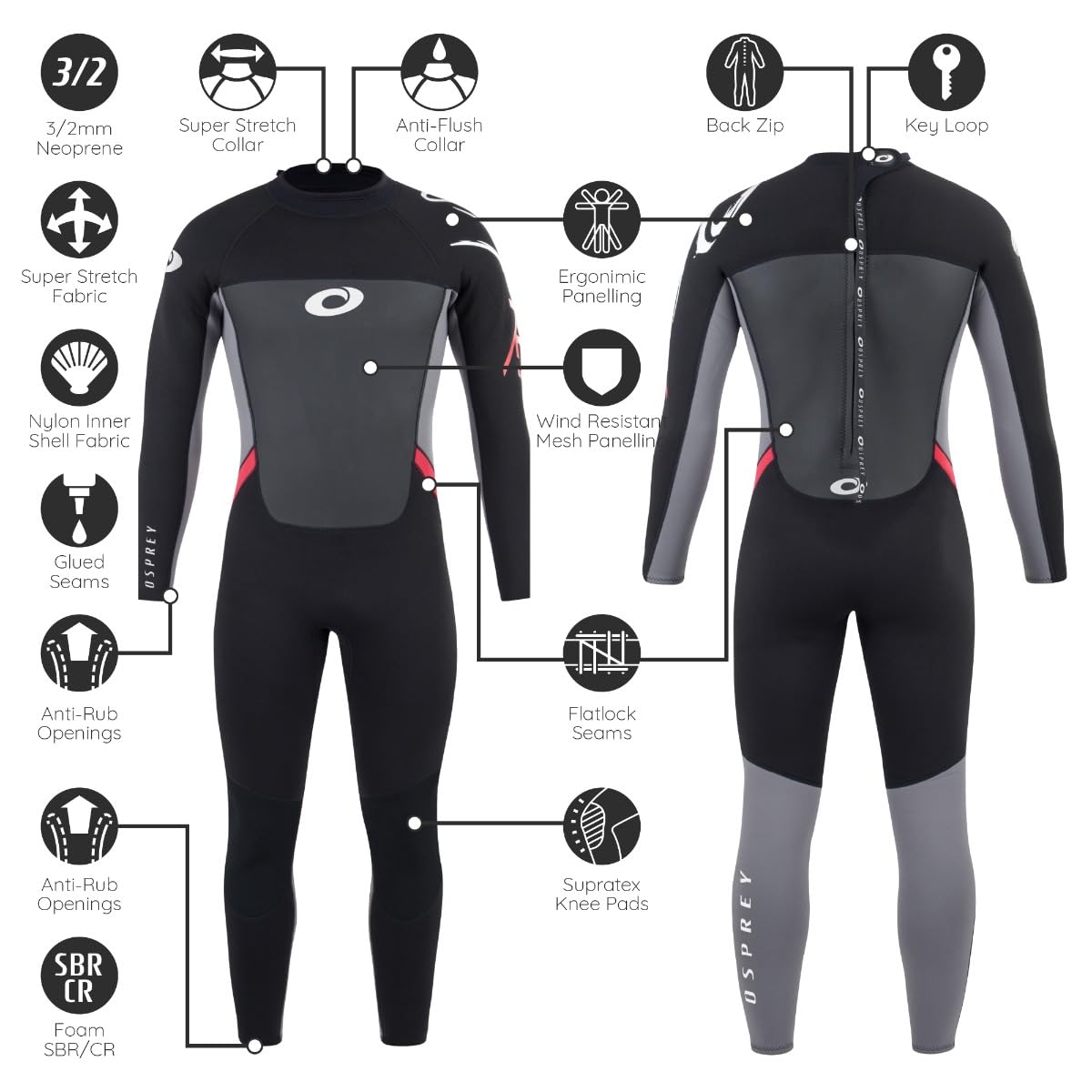Osprey Men's Full Length 3 mm Summer Wetsuit, Adult Neoprene Surfing Diving Wetsuit, Origin, Red, L