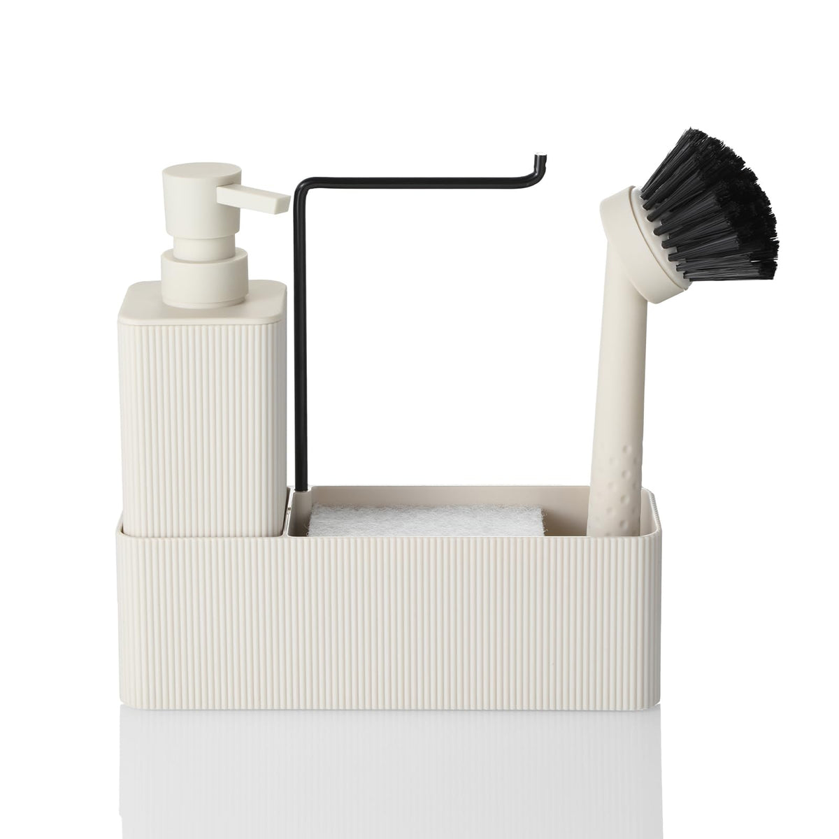 Kitchen Soap Dispenser Set, Washing Up Liquid Dispenser Beige, Dish Soap Dispenser for Kitchen Washing Up Organiser with Brush Sponge Dishcloth Rack