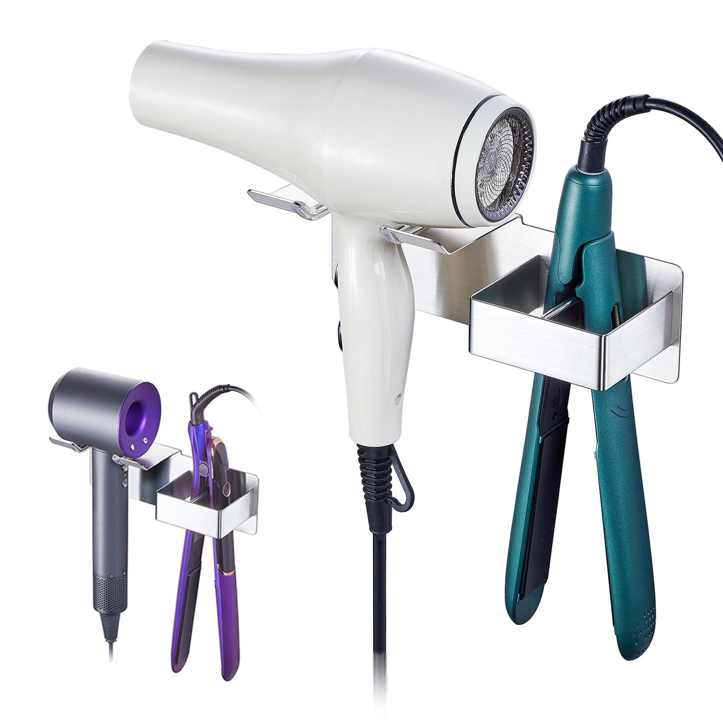 LOXSUN Hairdryer Holder and Self-Adhesive Plate, Stainless Steel Hair Dryer Holder Without Drilling (Silver)