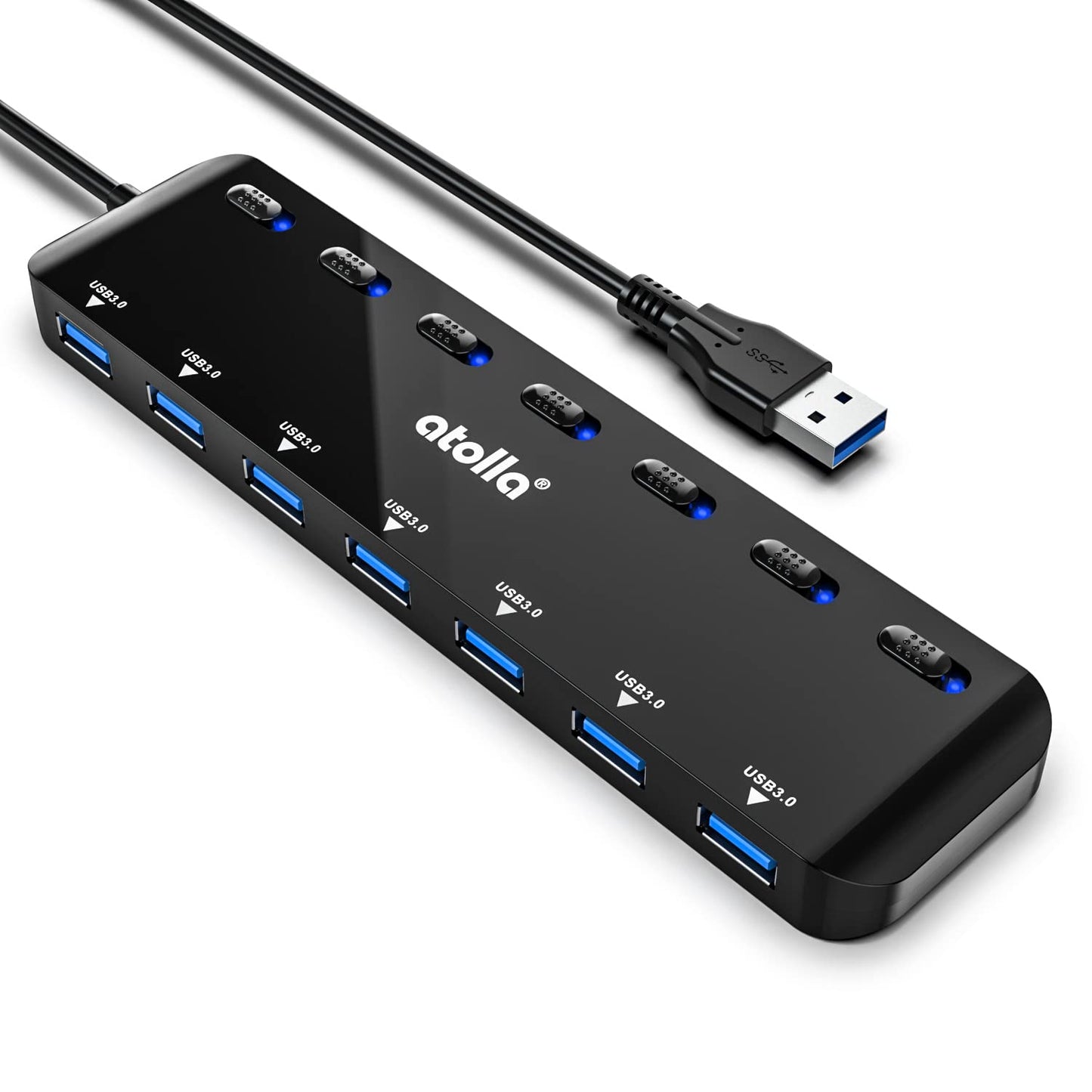 USB HUB, atolla 7-Port USB 3.0 Hub Slim Splitter with 3.82Ft Extended Cable and Individual LED Power Switches, Multi USB Port Extension Data Hub for