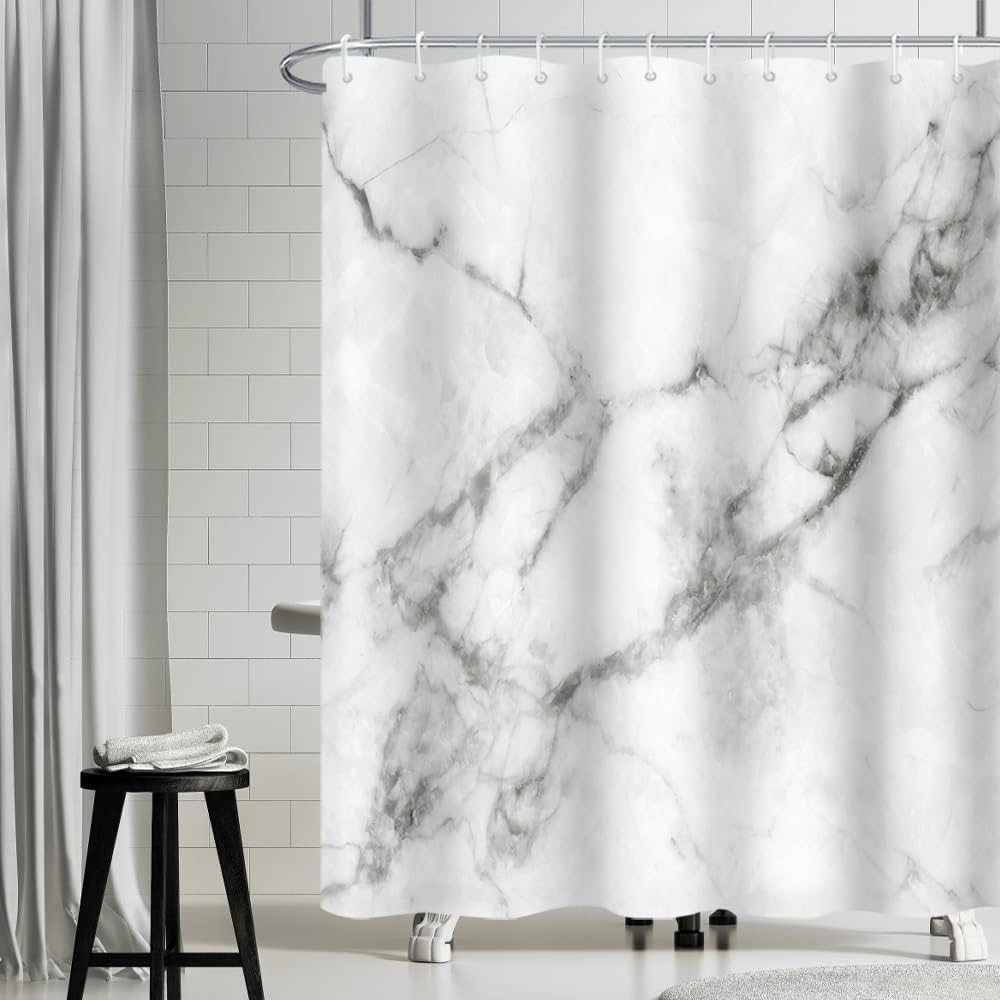 Uiiooazy White Marble Shower Curtain, Grey Effect Modern Bath Curtain Mildew and Mould Resistant Waterproof Polyester Fabric Washable Opaque Shower