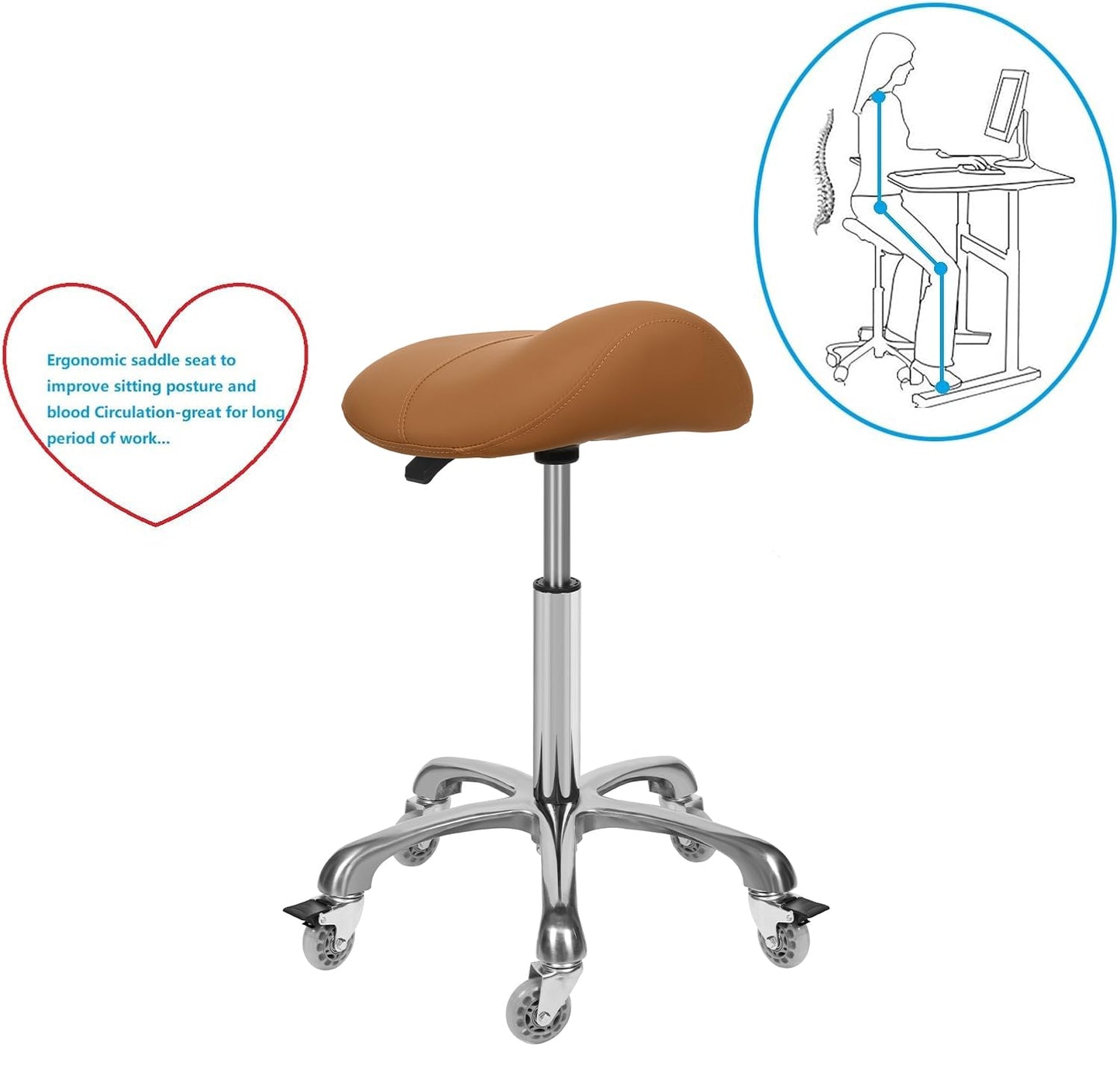 McDooFly Ergonomic Saddle Stool with Wheels Rolling Saddle Chair Heavy Duty Height Adjustable Swivel Hydraulic Stool for Dental Clinic Massage Salon