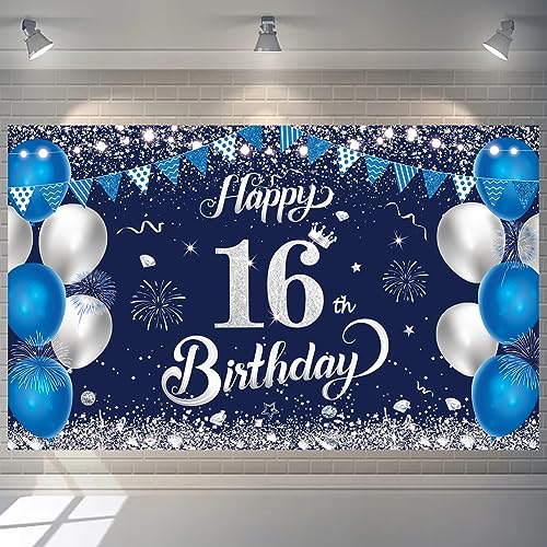 Yontree Happy 16th Birthday Banner - Navy Blue & Silver Birthday Backdrop 1.1 x 1.8m for 16 Years Old Anniversary Party