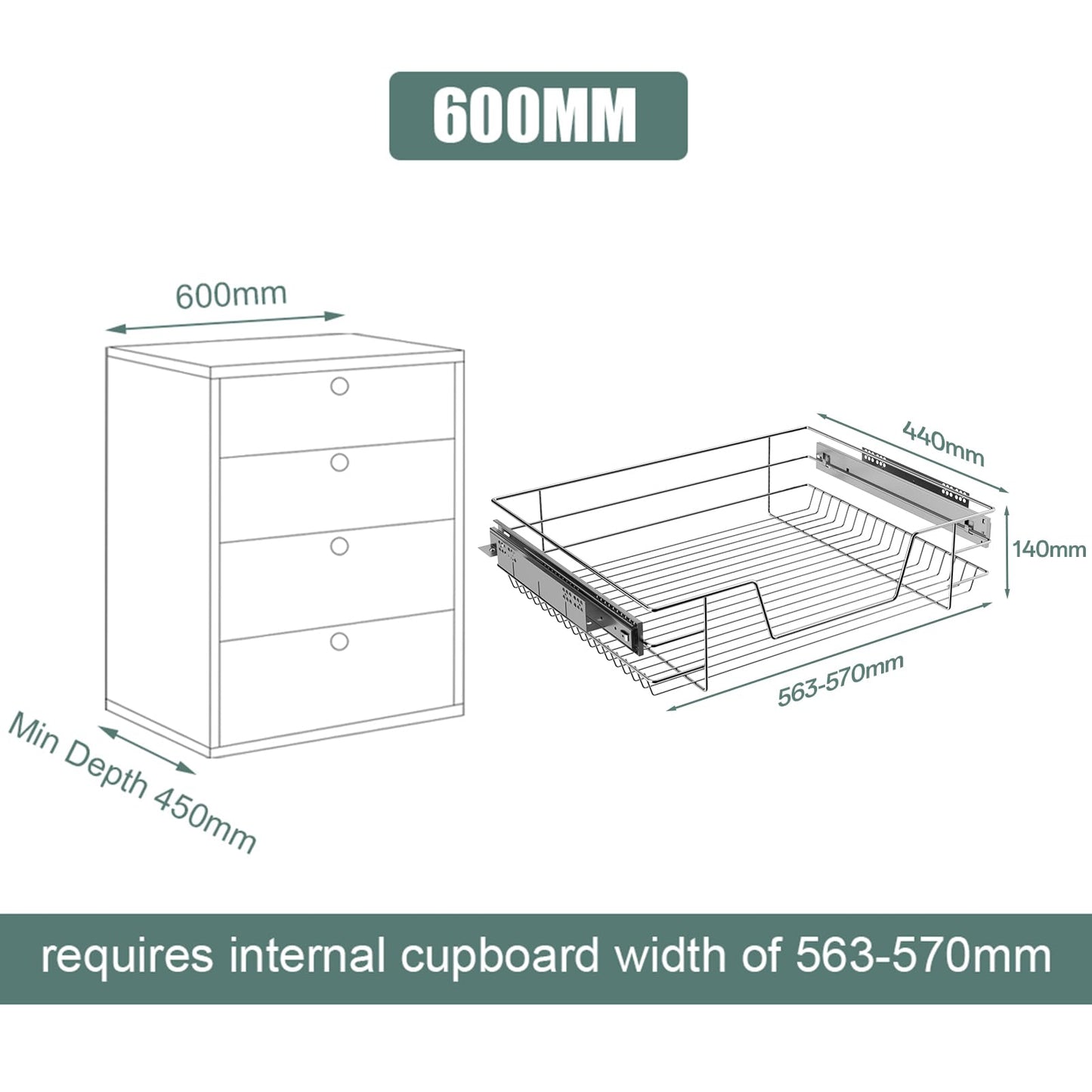 XEMQENER Heavy Duty Kitchen Pull Out Wire Baskets Base Storage Unit, 600MM Slide Out Kitchen Utensil Holder Rack Larder Drawers Origanize with Buffer