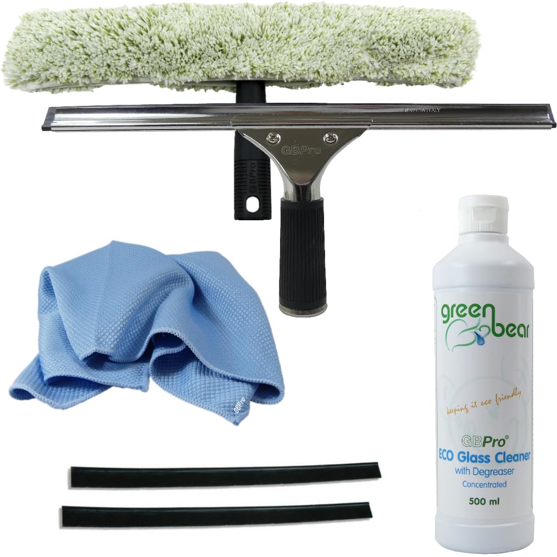 GBPro Professional Window Squeegee Stainless Wiper 35cm / 14 inches + T Bar & Micro Sleeve, Glass cleaner 500ml, Fishscale Micro Glass cloth, Rubber