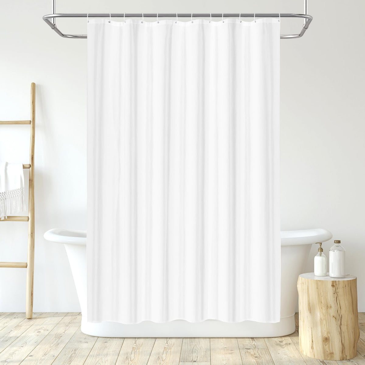 LUKDUNG Textile Polyester Bath Curtain, 120 x 200 cm, Mildew Resistant, Waterproof, Washable, with 8 Hooks, White