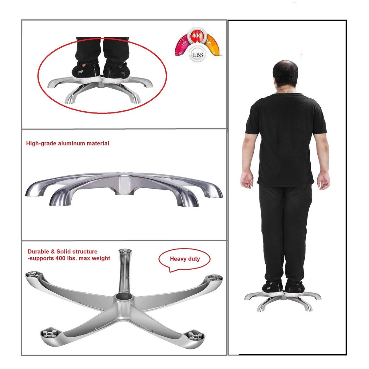 Kaleurrier Chair Parts Base Replacements,Metal Legs for Swivel Rolling Chairs & Stools,Aluminum 5 leg bottom Heavy Duty 400 lbs,in Universal Standard