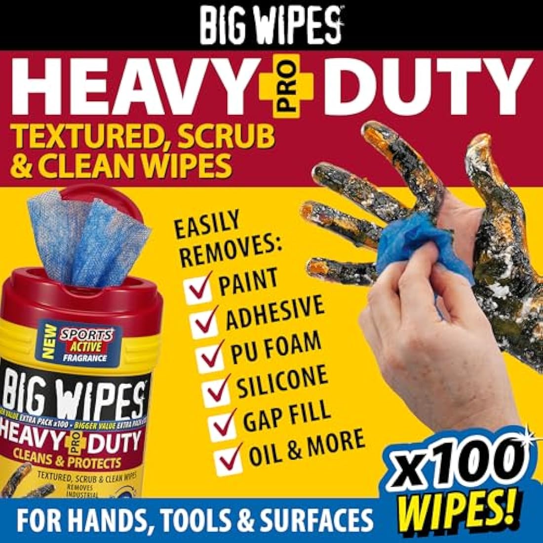 Big Wipes Heavy Duty Pro+ Hand Wipes in Dispenser Tub (x100) Textured Dual-Sided with Skincare. Ultra Efficient on Grime. Heavy Duty & Industrial Cleaning Products for Tradespeople