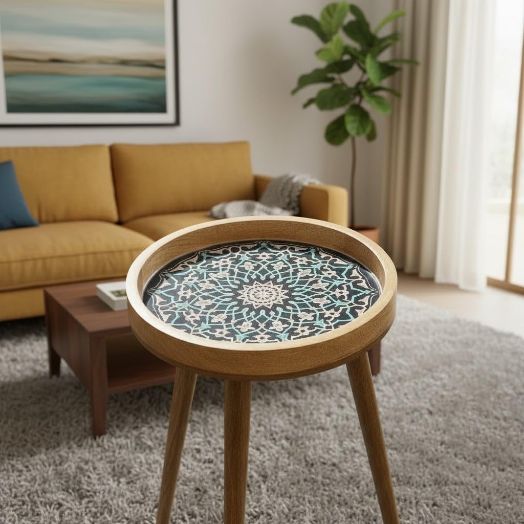 Woodmede Mango Wood Artisan Side Table 18” – Handmade Round Accent Table with 36cm Resin-Coated Enamel Top