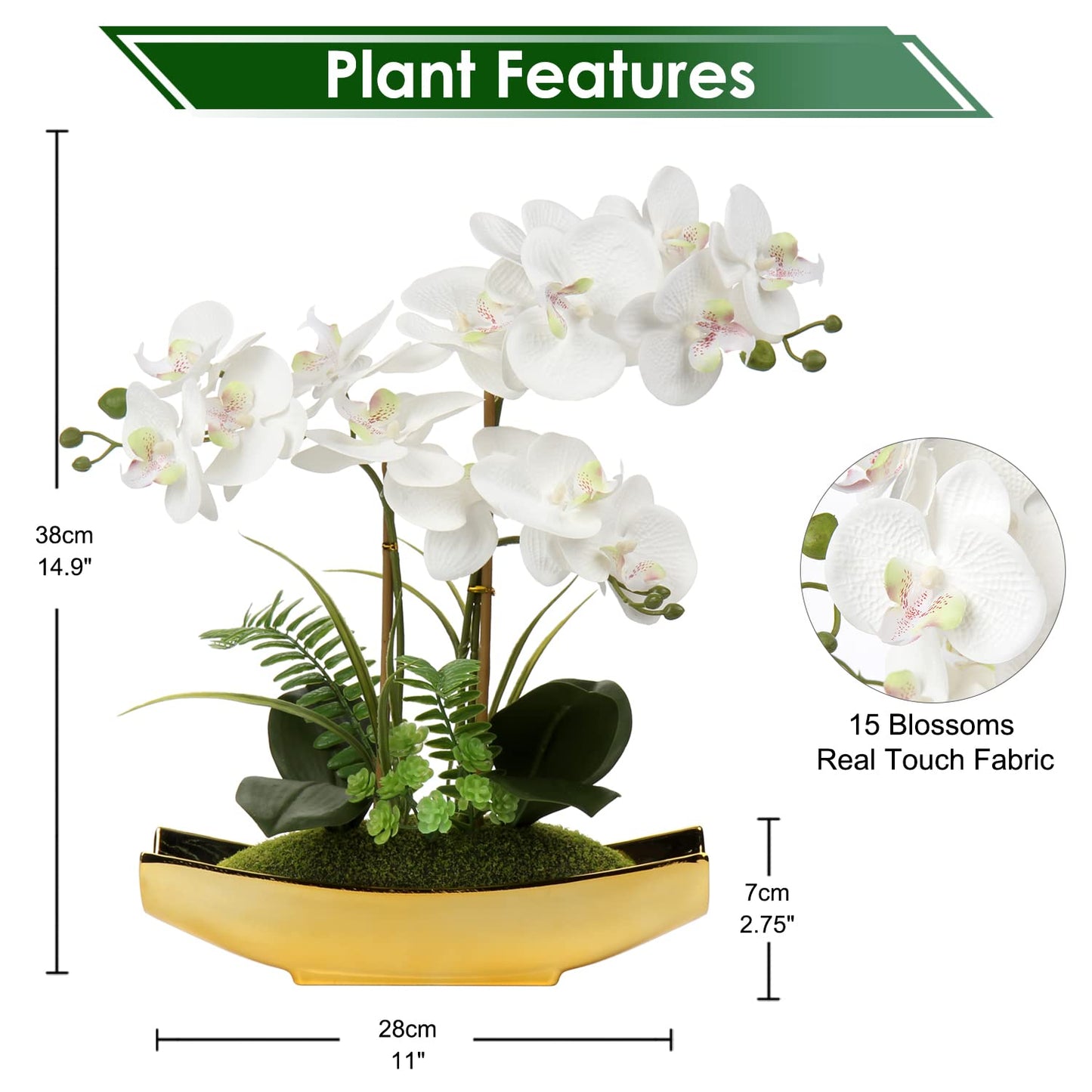 Briful 15" Artificial Phalaenopsis Flowers Arrangement Artificial Orchid Bonsai in Gold Pot Fake Flowers Silk Orchid Flower for Table Centerpieces