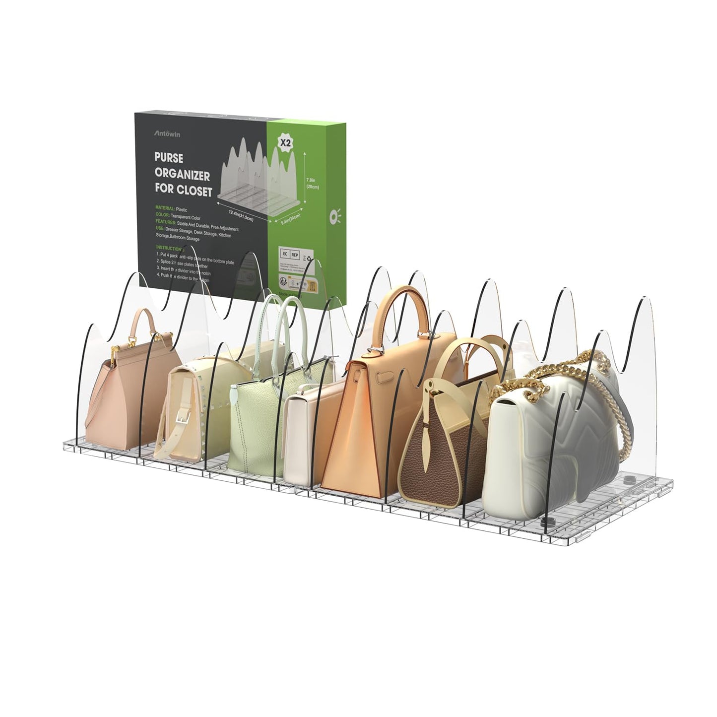 ANTOWIN 2 Pack Purse Stand Holder for Handbags, Transparent Bag Holder, Adjustable Wide with Non-Slip Base for Closet Organization, Bag Display