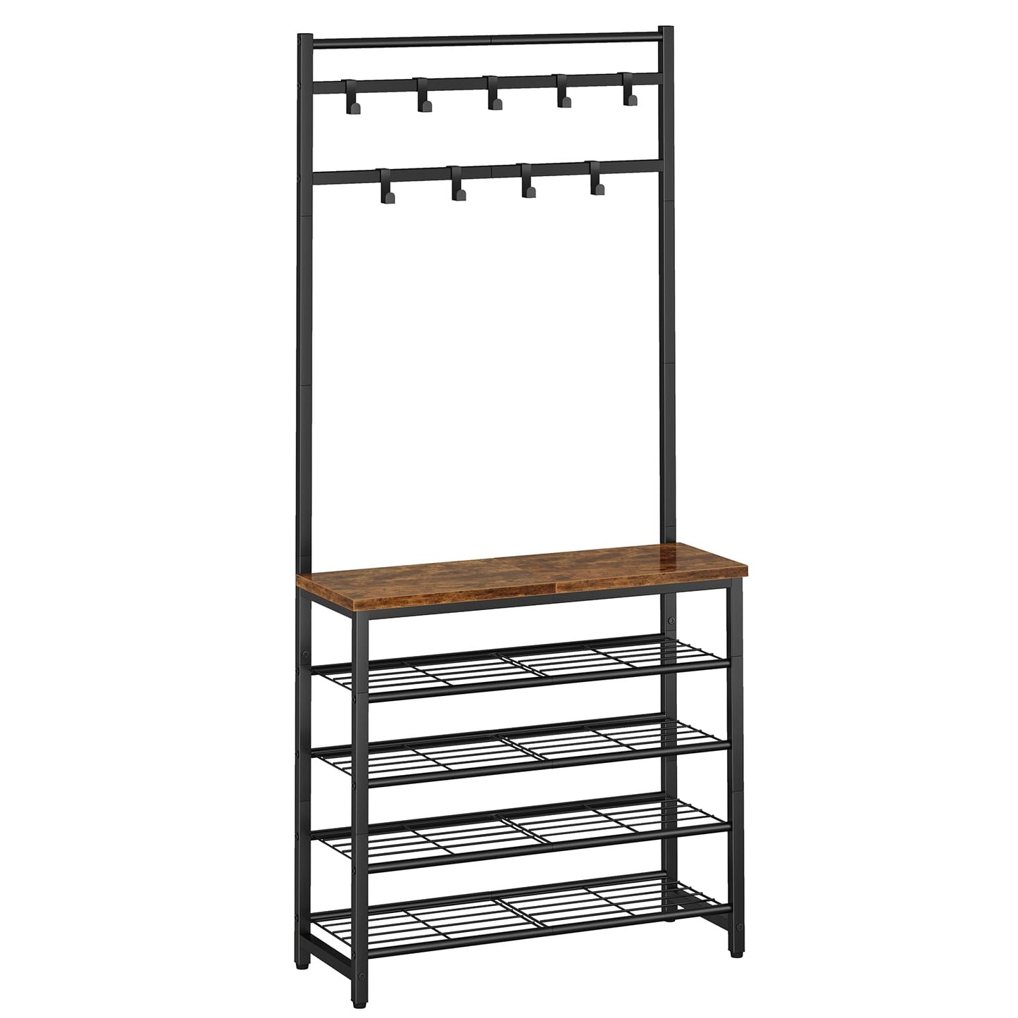 IBUYKE Coat Stand with Shoe Storage, 188cm Coat Rack with Shoe Rack, 5 Tier Shoe Storage Organizer with 9 Movable Hooks for Entryway Hallway Foyer