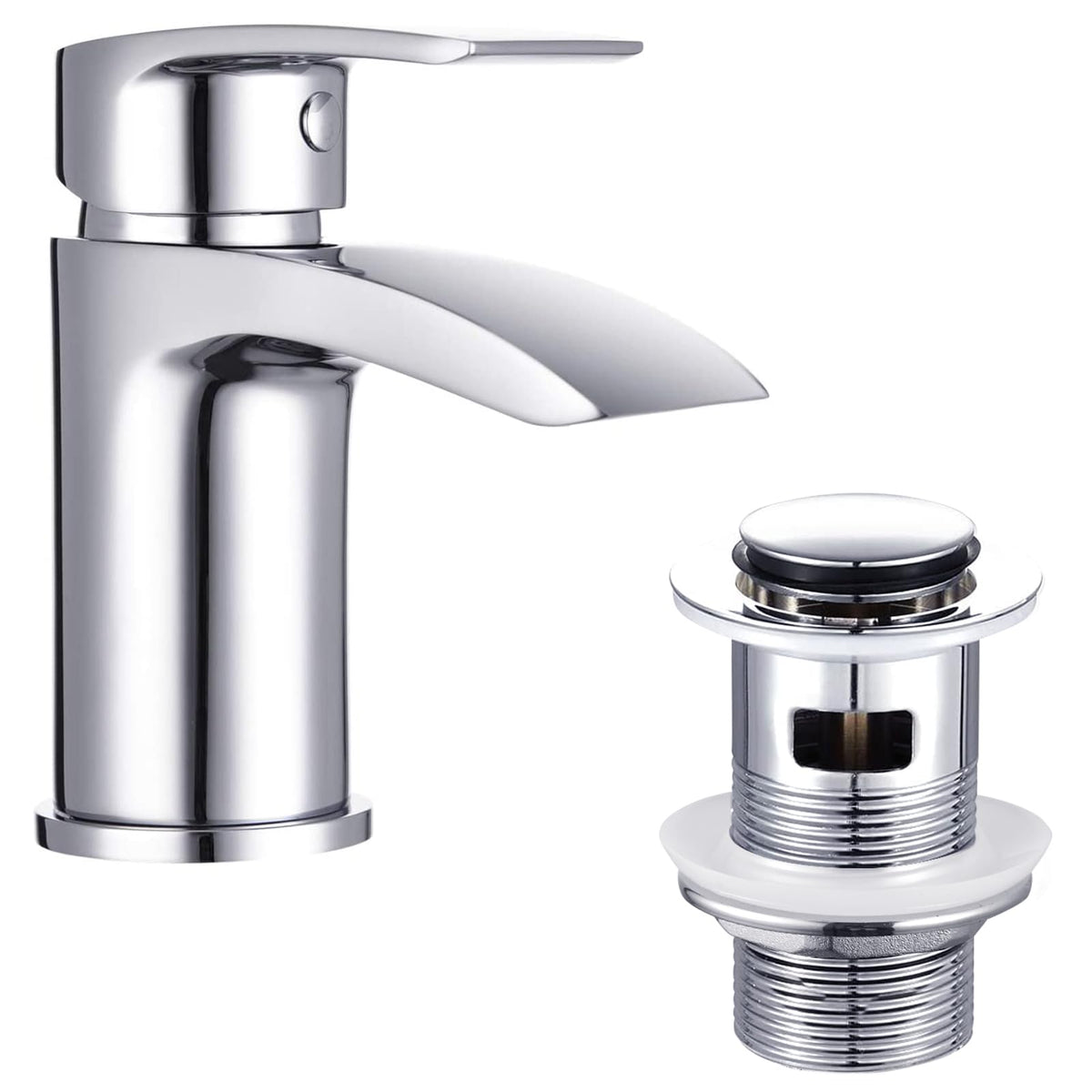 Funime Basin Taps Mixer Waterfall Bathroom Sink Tap Mixers Mono Chrome with Pop up Waste Slotted Brass Single Hole Monobloc with Hoses G1/2'' Modern