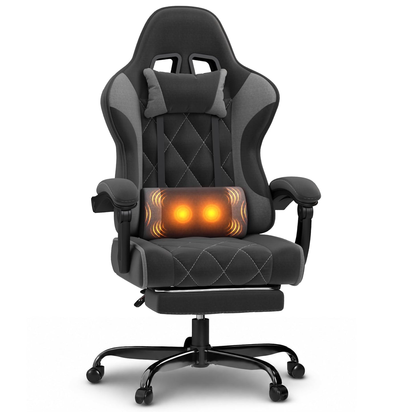 JUMMICO Fabric Gaming Chair with Footrest – Ergonomic Reclining Gamer Chair for Adults with Pocket Spring Cushion, Headrest & Massage Lumbar Support
