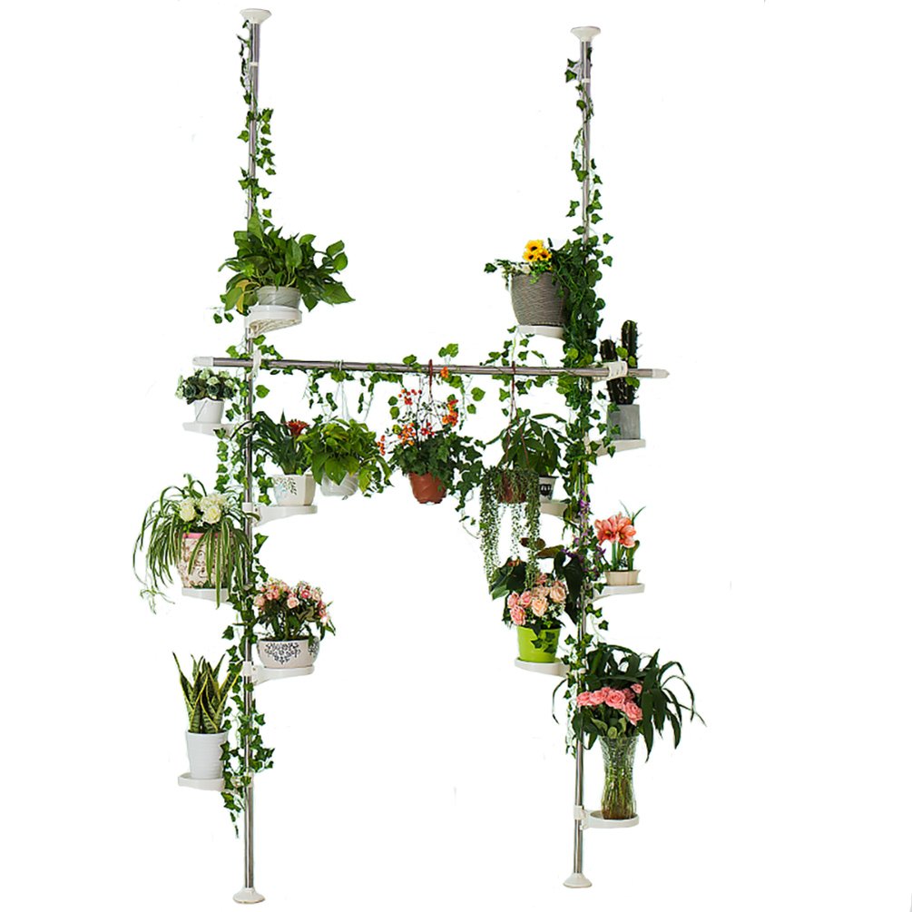 BAOYOUNI Indoor Plant Stands Spring Double Tension Pole Metal Flower Display Rack Space Saver Corner Floral Pot Storage Shelf with 12 Trays, 2 Hooks &