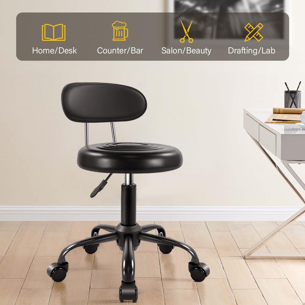 WKWKER Rolling Stool with Wheels Swivel Stool with Back Height Adjustable Chair PU Leather Rolling stools Ideal for SPA Salon Home Office Drafting